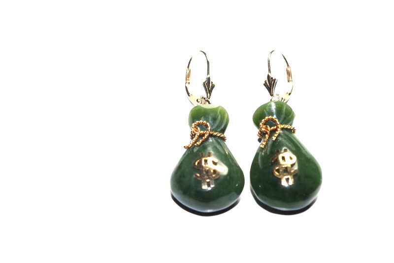 14K Exquisite Carved Jade bag of money Lucky Stone Lever back Earrings