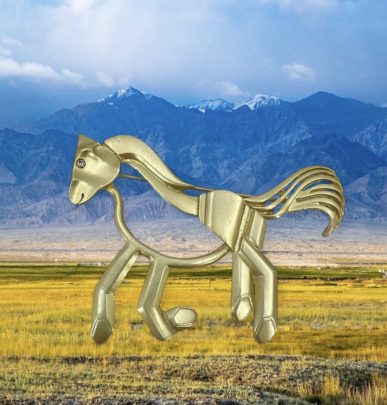 GALLOPING HORSE RHINESTONE BROOCH PIN ABSTRACT BRUTALIST FANTASY WHIMSICAL MAGIC