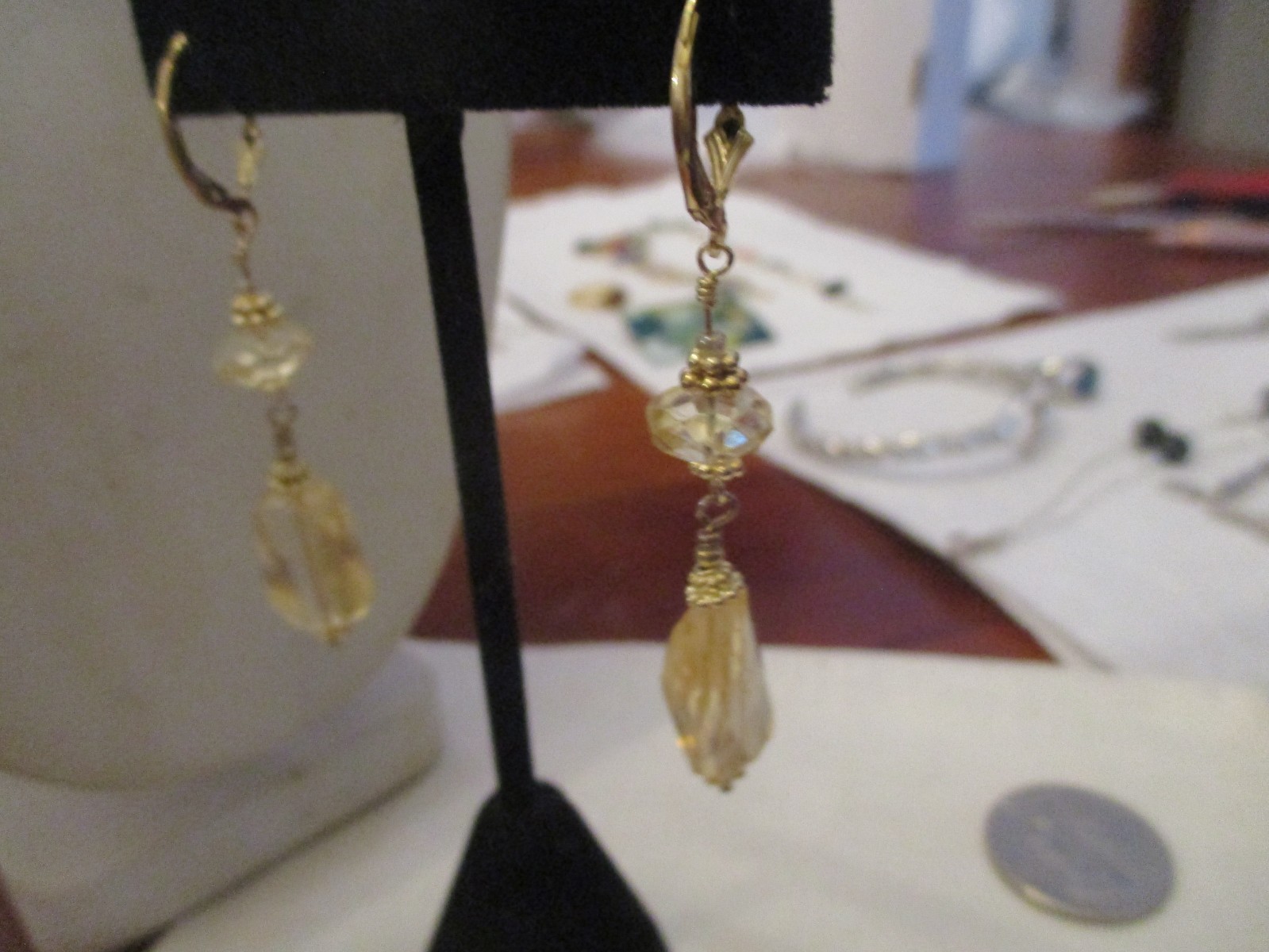 Vintage 1/20 14K gold faceted Citrine dangle earrings 2 1/4″