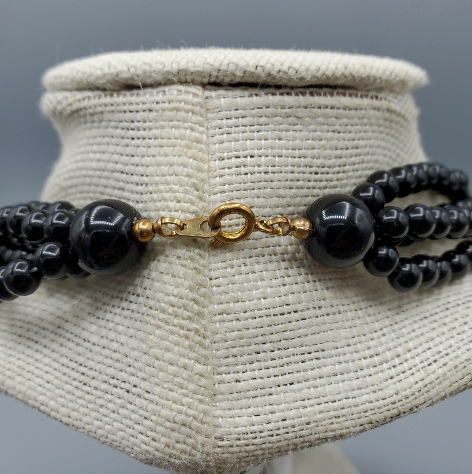 Vintage Black Lucite and Gold Tone Bead Multi Strand Layered Necklace 16″