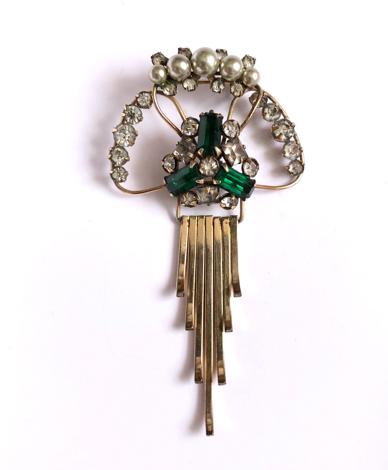 Gold Filled M&S Brooch Pendant 12KT GF Green Stones Prong Set Art Deco Vintage