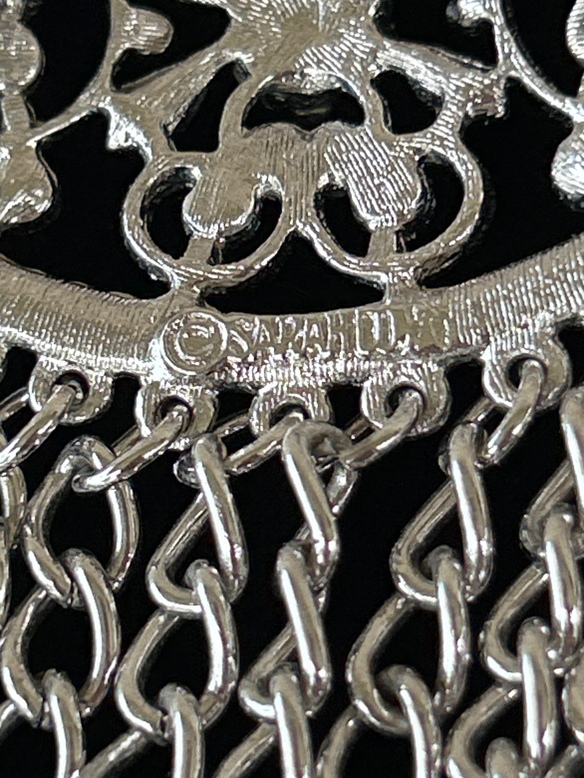 Vintage Sarah Coventry Silver Tone Filigree and Chain Dangle Brooch. 2.5