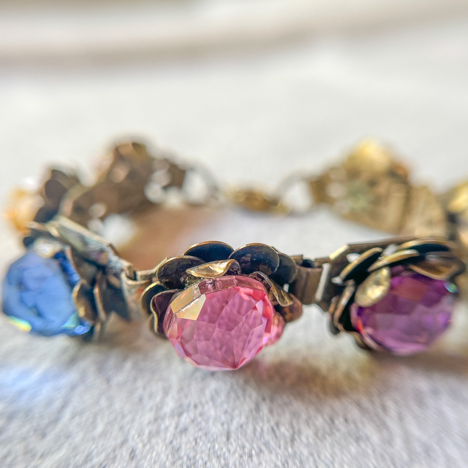 Vintage Art Glass Rainbow Bracelet Faceted Crystal Floral Brass Tone Czech Style