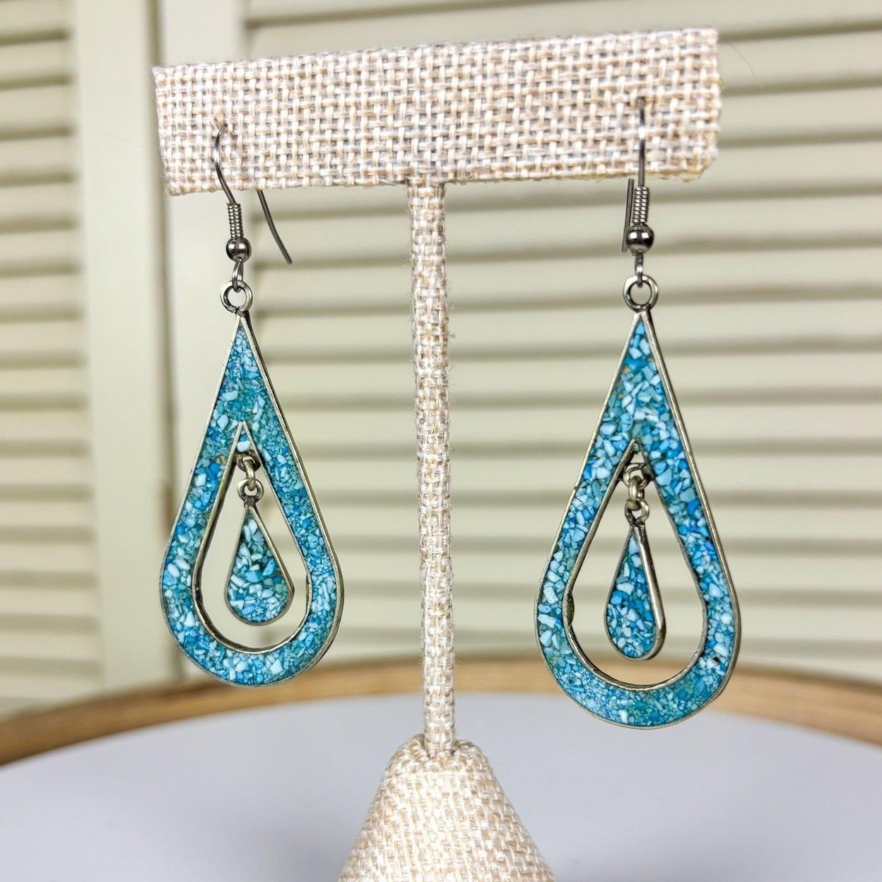 Artisan Vintage Turquoise Chip Inlay Silver Teardrop Earrings Southwestern Boho