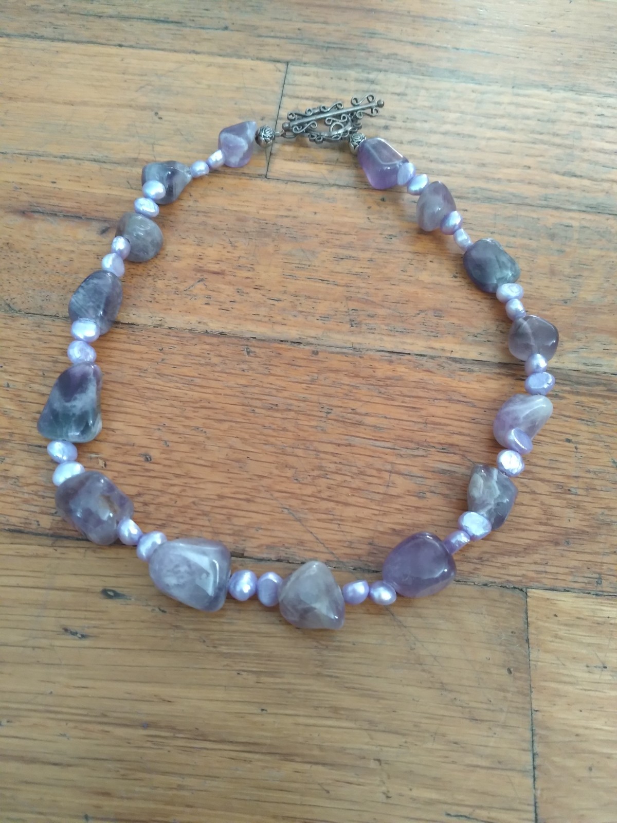 Amethyst & Pearl Necklace 14 Inches Silver Clasp Vintage Natural Stone