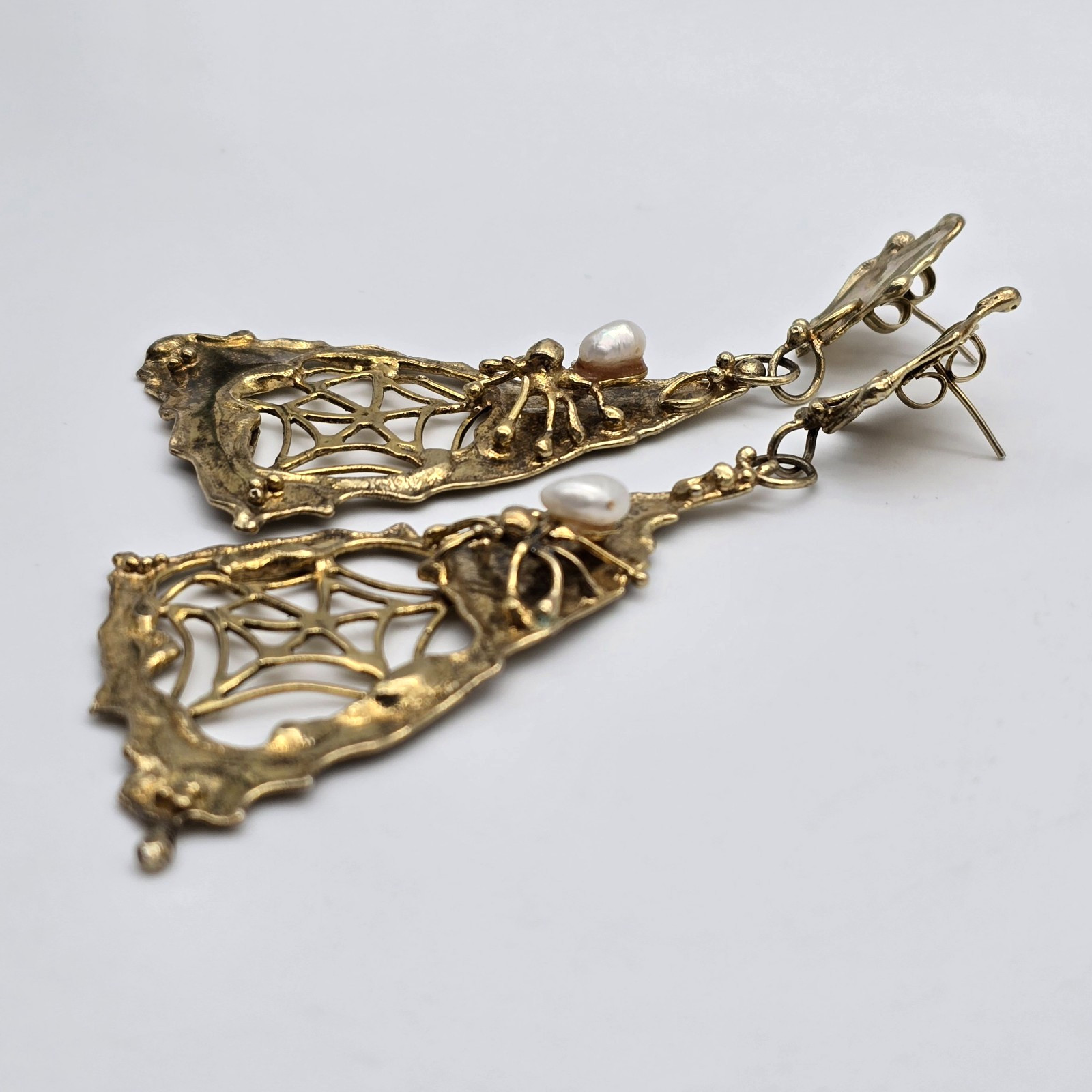 VTG Abstract Brutalist Spider Web Gold over Sterling Pearl Pendant Earrings Set