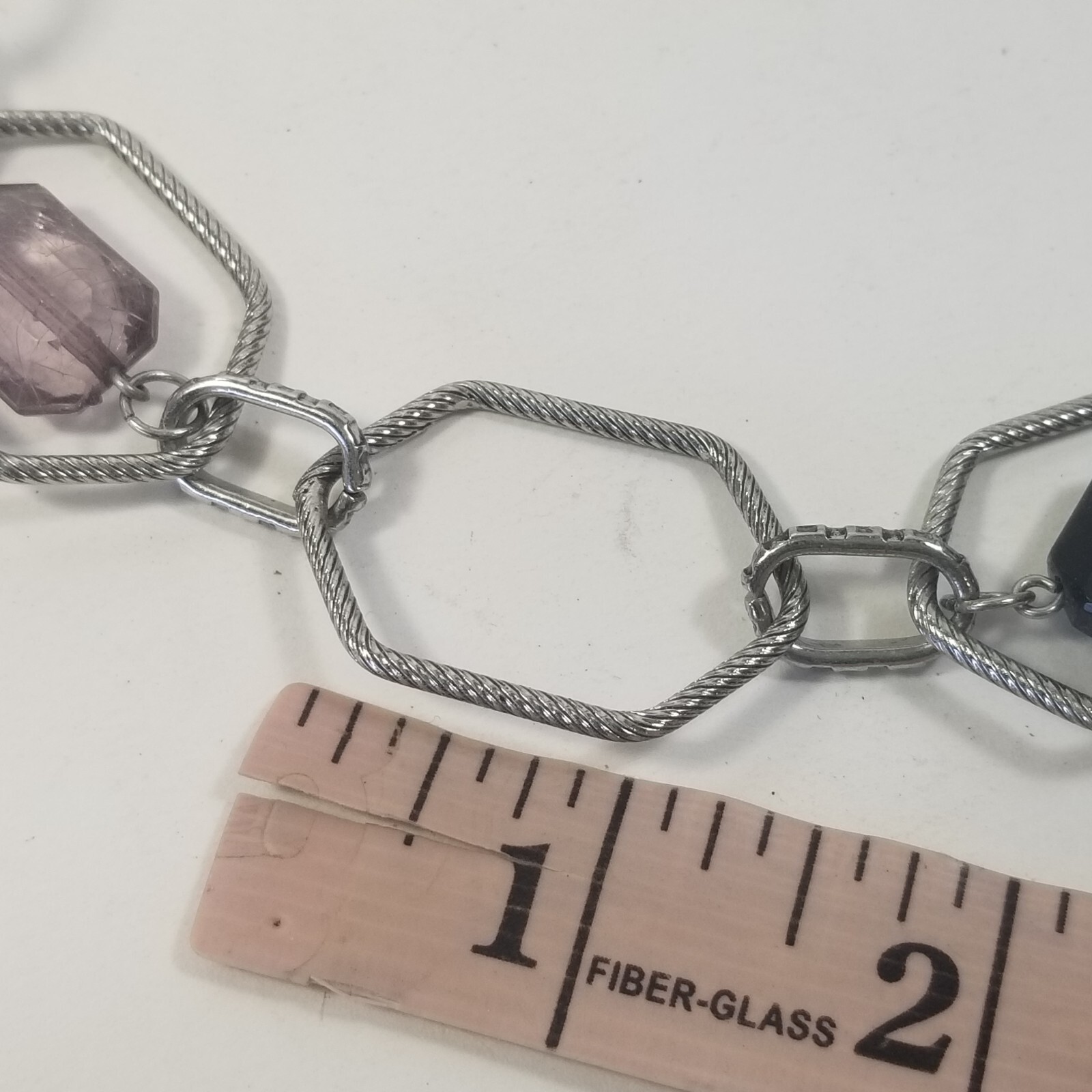 Lia Sophia Textured Silver Tone Hexagon Bead Fashion Necklace Open Link
