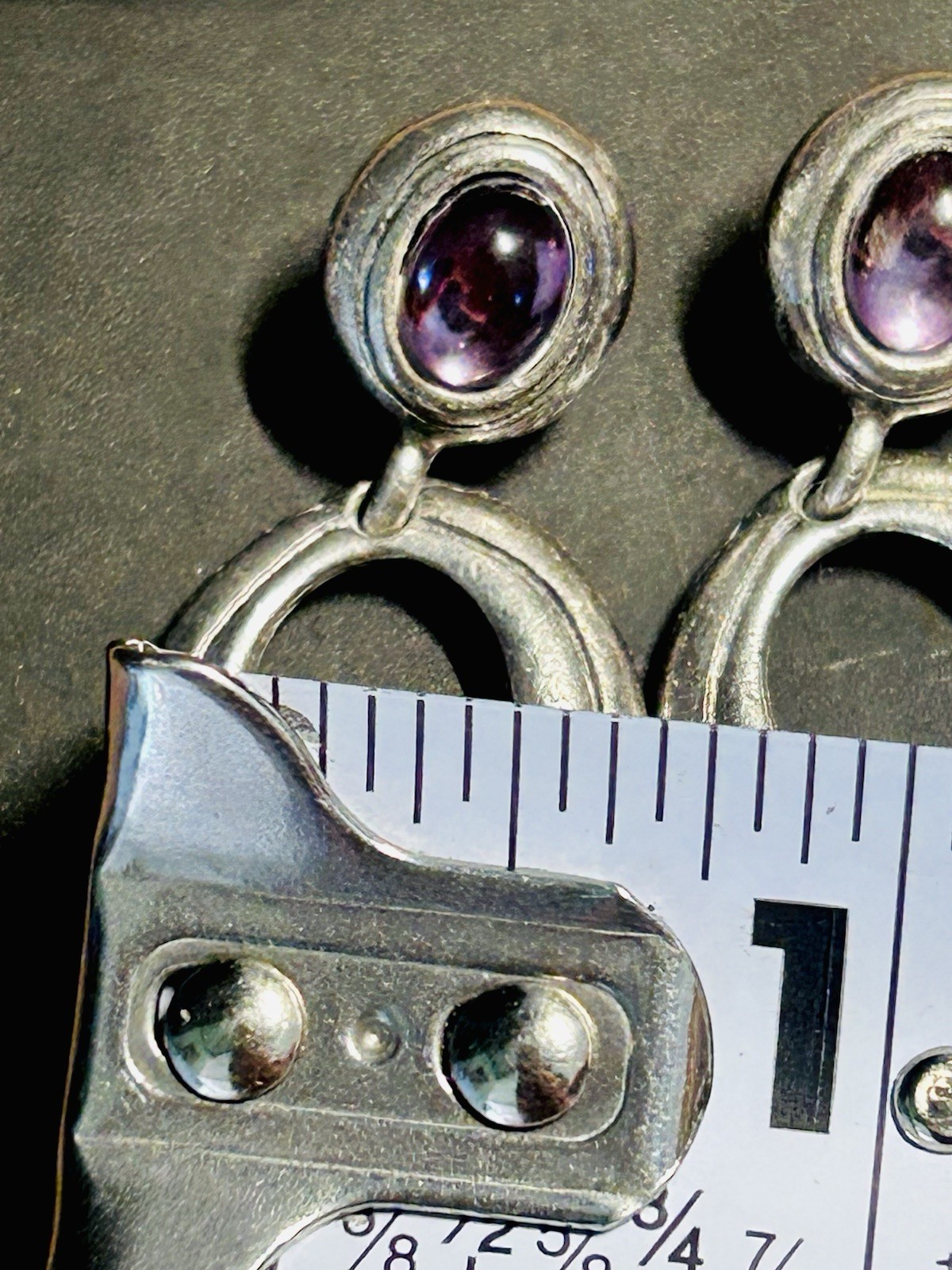Vntg Sterling Door Knocker Dangle Post Earrings Purple Glass Cabochon 12.85 G