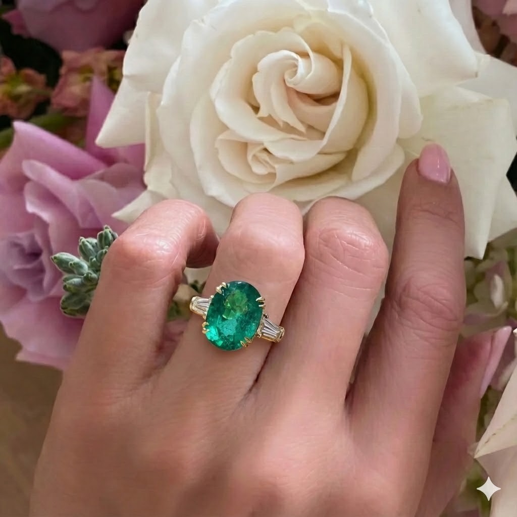 14K Yellow Gold Engagement Ring 5.11CT.Natural Green Emerald Oval Shape GIA Cert
