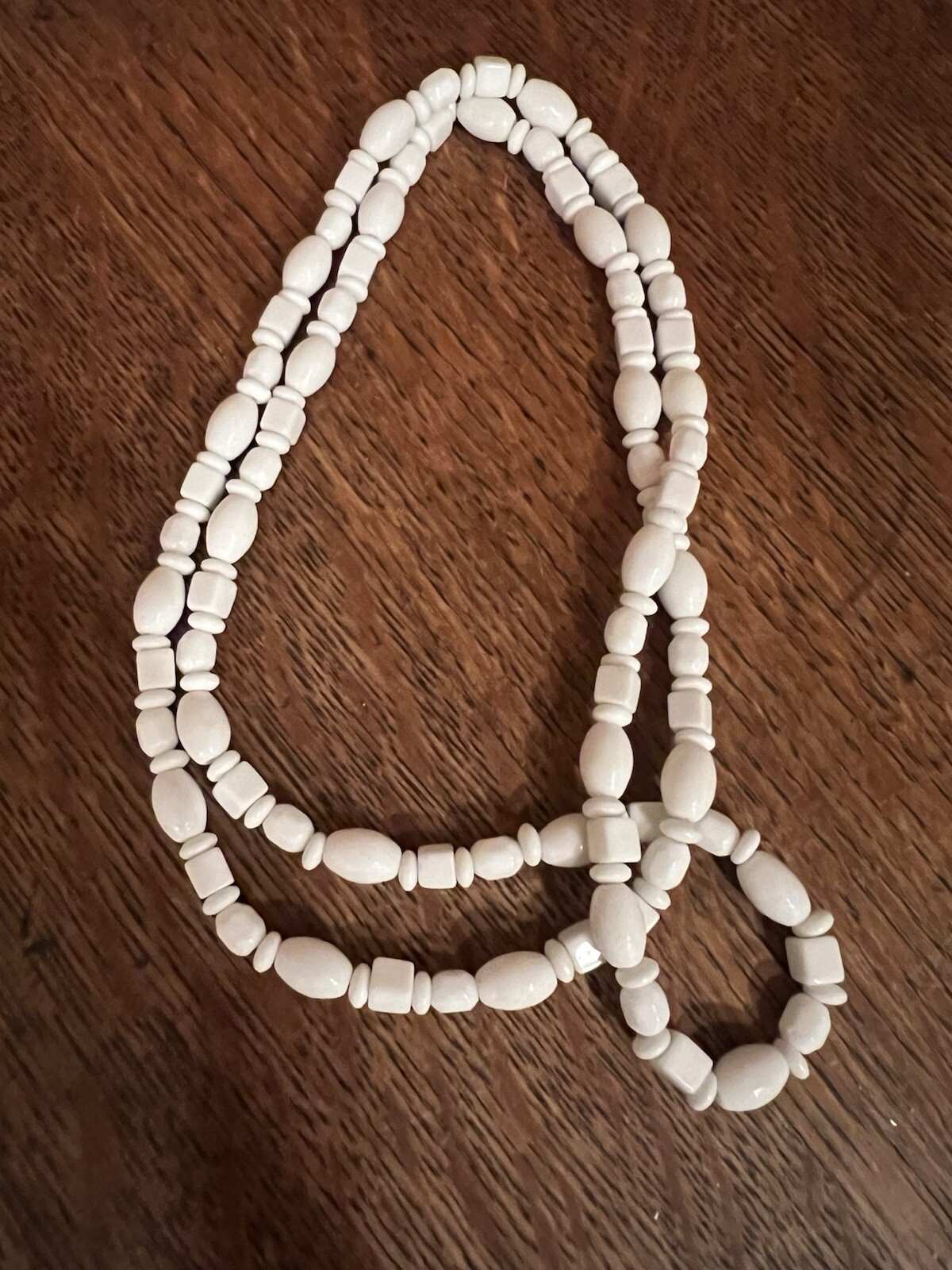 Vintage White Milk Glass Long Necklace Square Oblong Faceted Lozenge Beads 32”