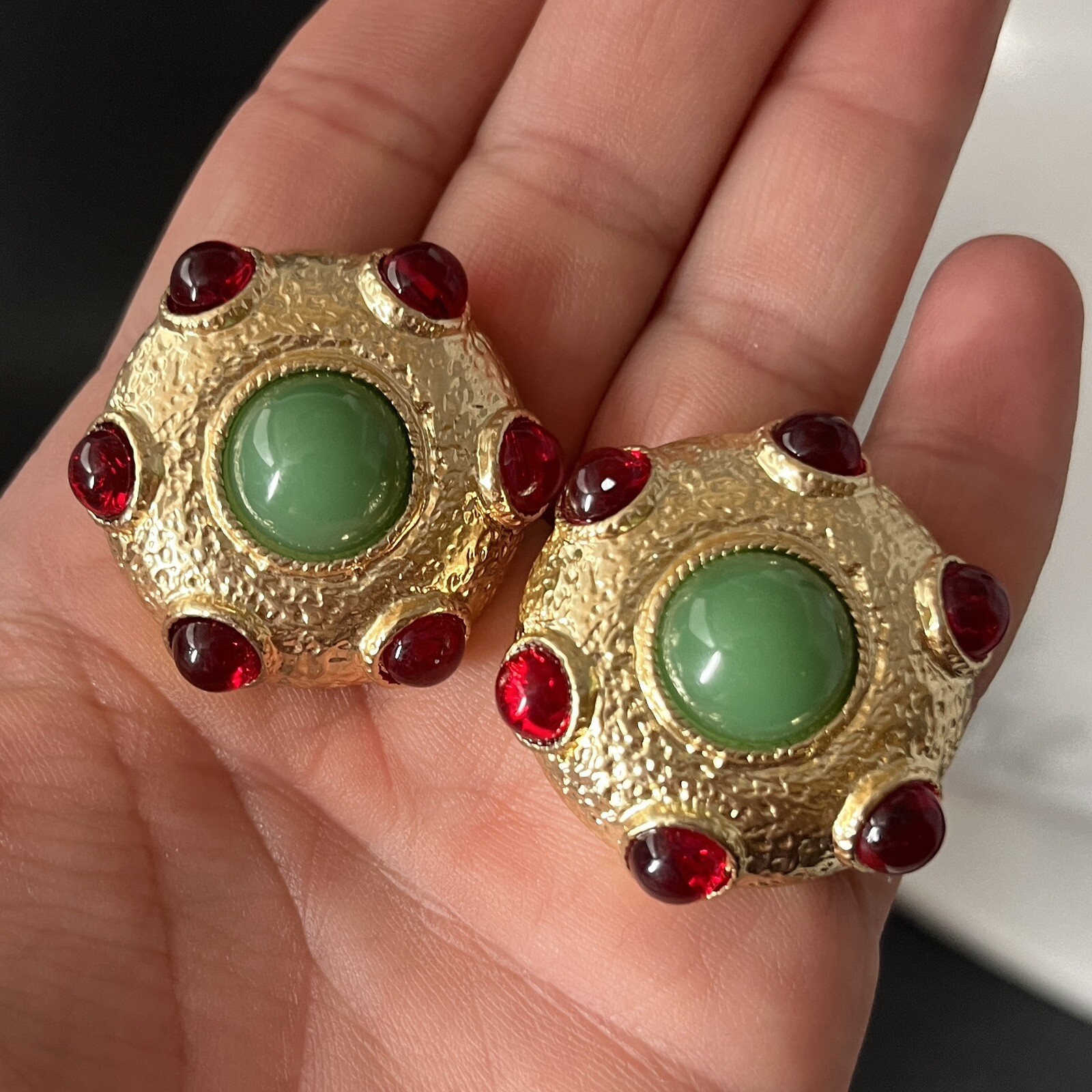 Etruscan Gripoix Glass Earrings Red Green Mogul Gold Dome Pierced Designer Style