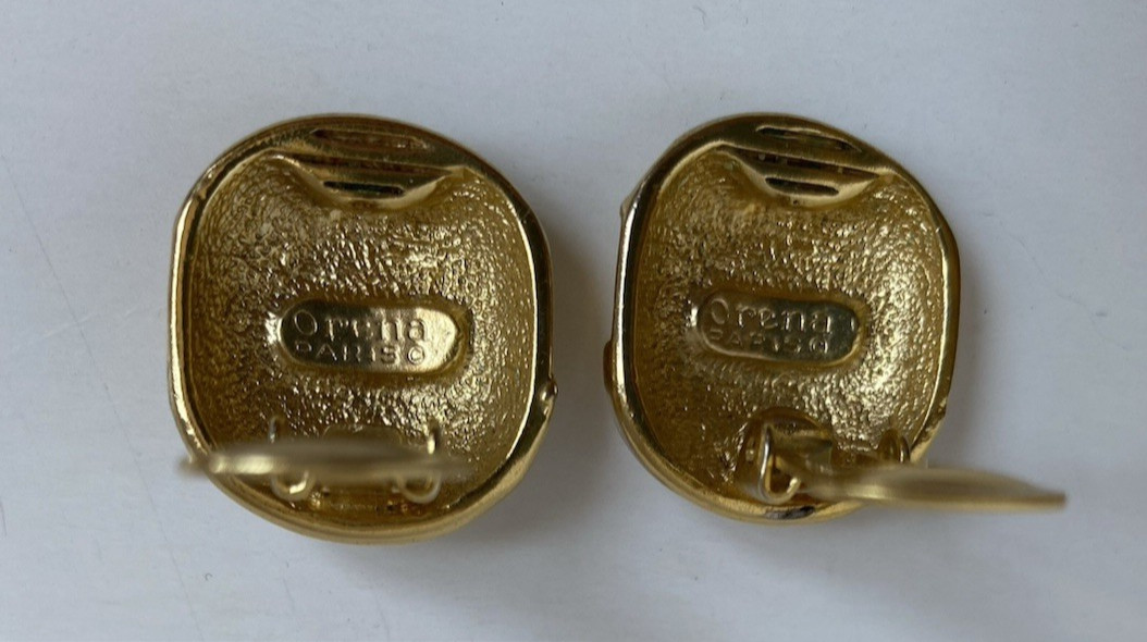 Vtg ORENA Paris Signed Clip On Earrings Gold Alloy & Sparkly White Faux Pearl
