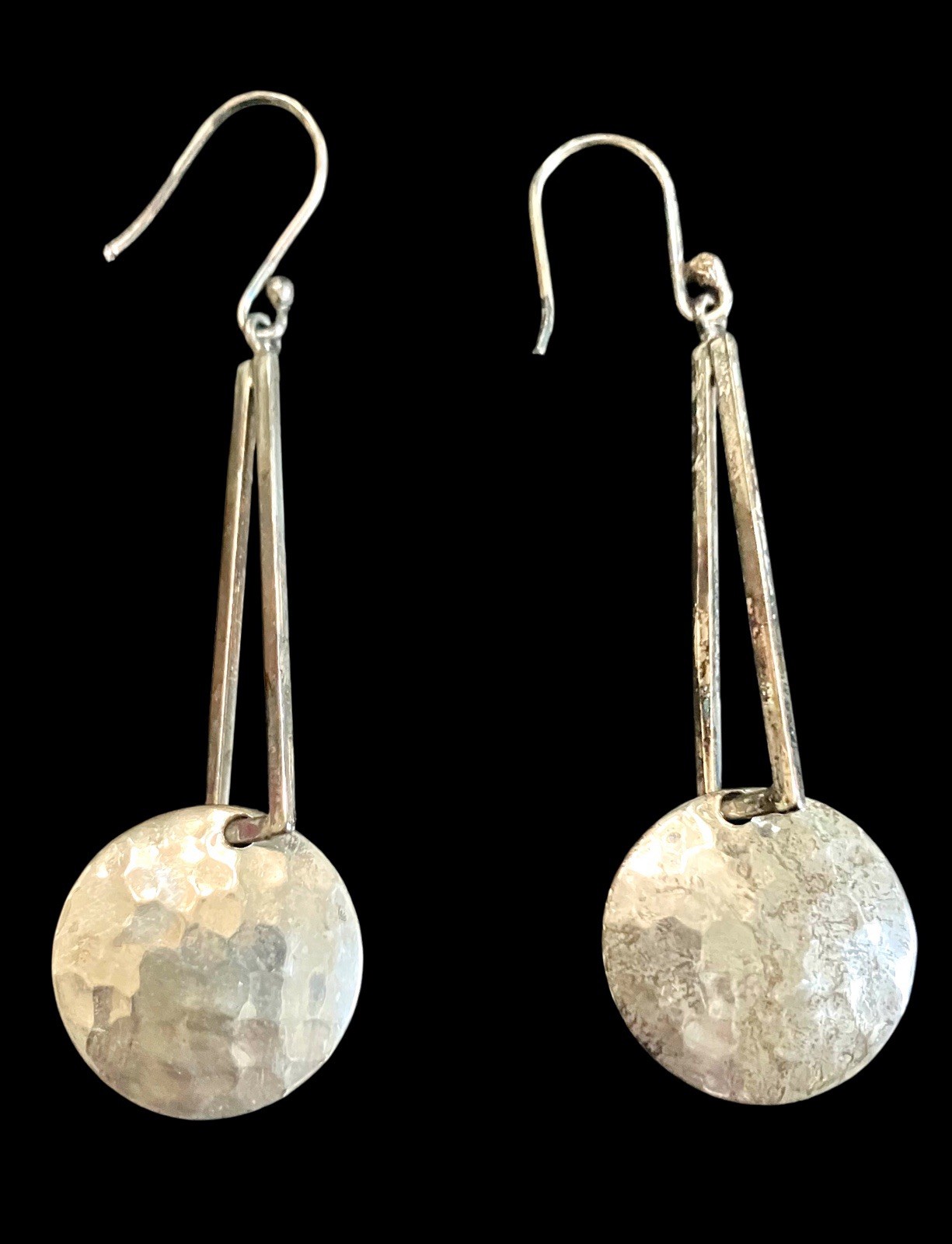 Vintage ATI Mexico Sterling Silver Hammered Modernist Dangle Geometric Earrings