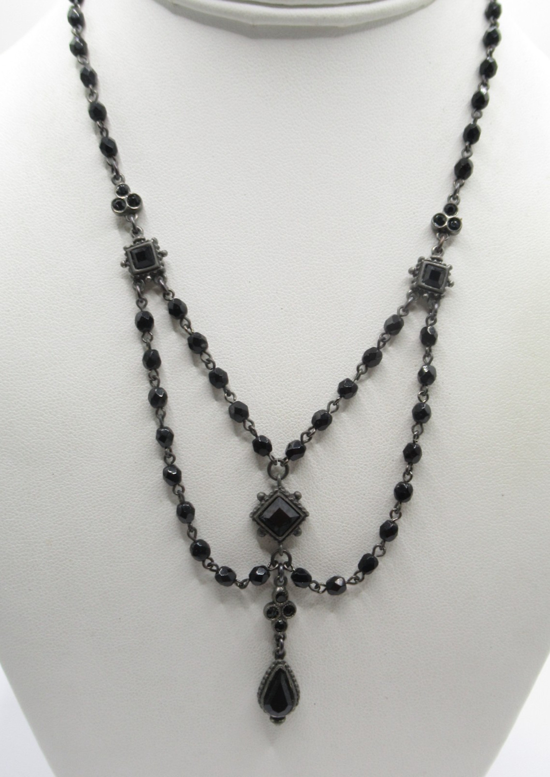 Modern Romantic Black w Dangle Festoon Necklace Beaded on Chain