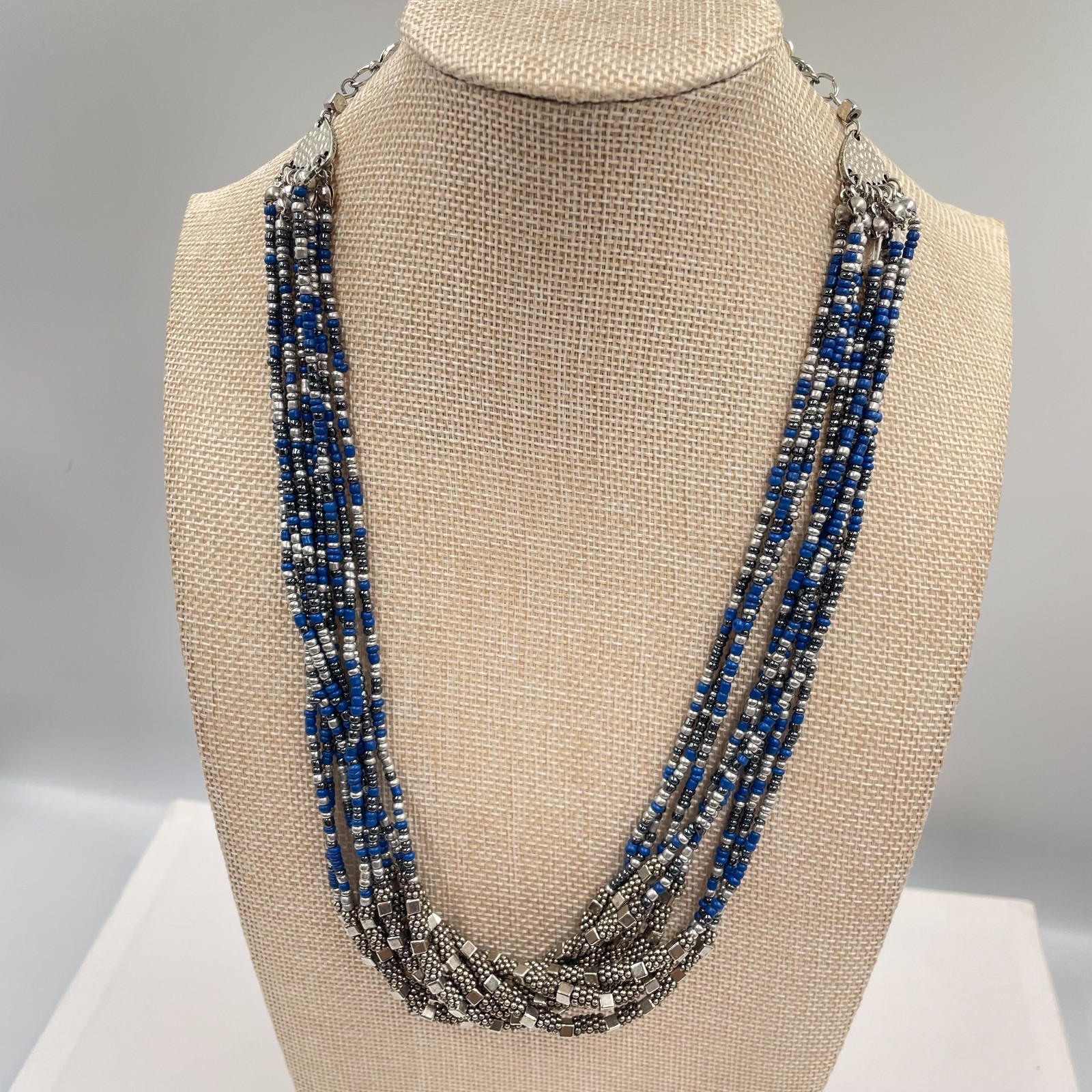 VTG Multi-Strand Seed Bead Necklace Silver Blue Boho Statement Bib Layered Long