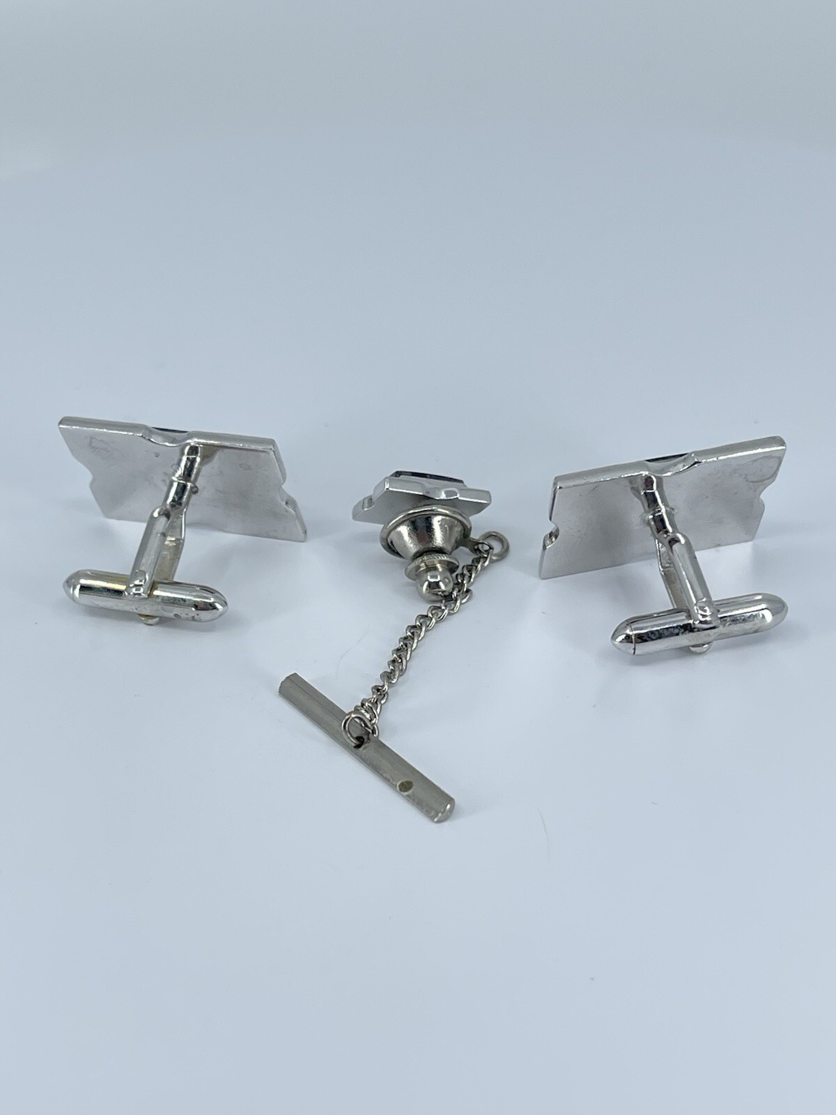 Swank Cufflink and Tie Tack set Jadeite rectangle silver tone 3/4″