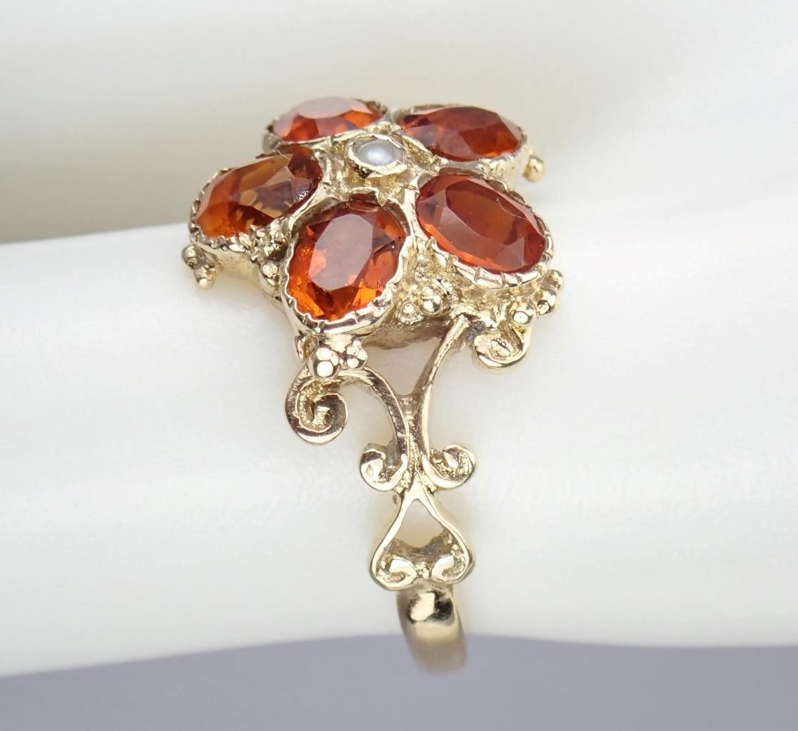 Pretty Vintage Solid 9K Gold Madeira Citrine Pearl Floral Scroll Ring 1971 7.25