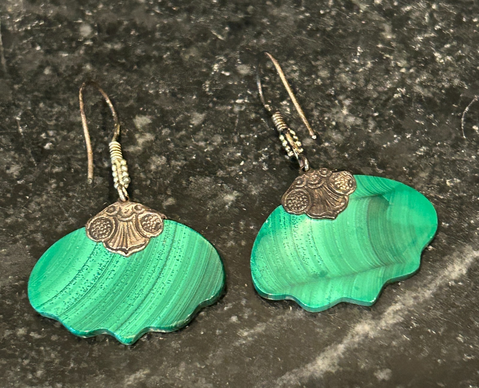 Vintage Malachite and Sterling Silver Drop Dangle Pierced Ear Hook Earrings