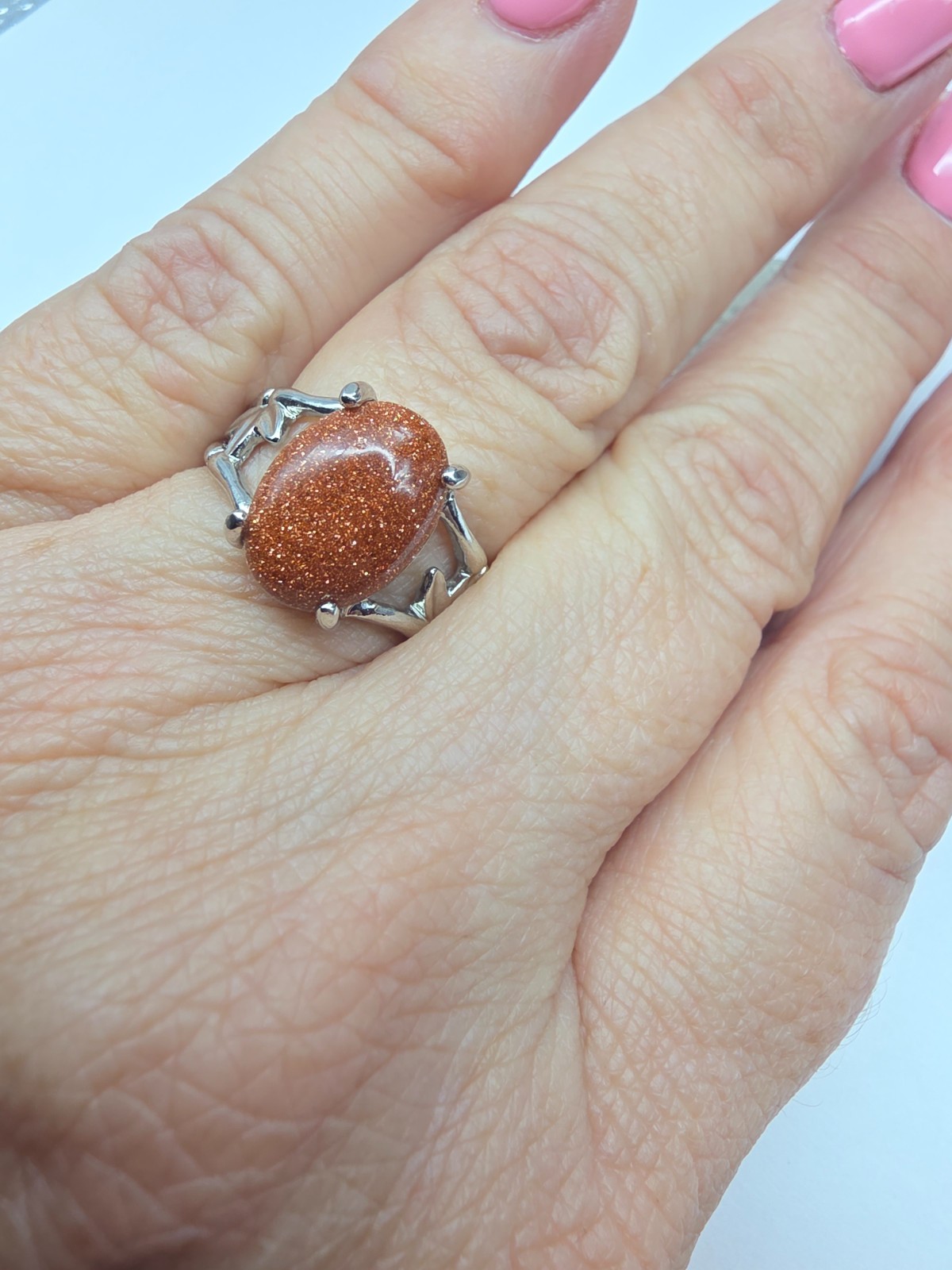 Gold Stone Silver Tone Metal Ring Size 9 Vintage