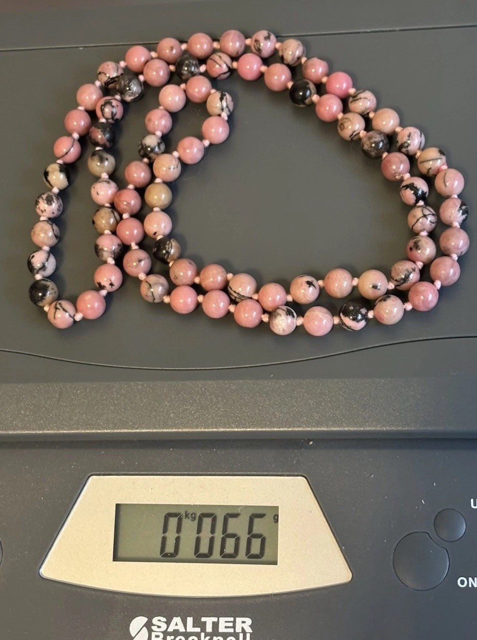 Vintage Pink/Black Rhodonite 8mm Beaded 30” Necklace Hand Knotted Silk No Clasp