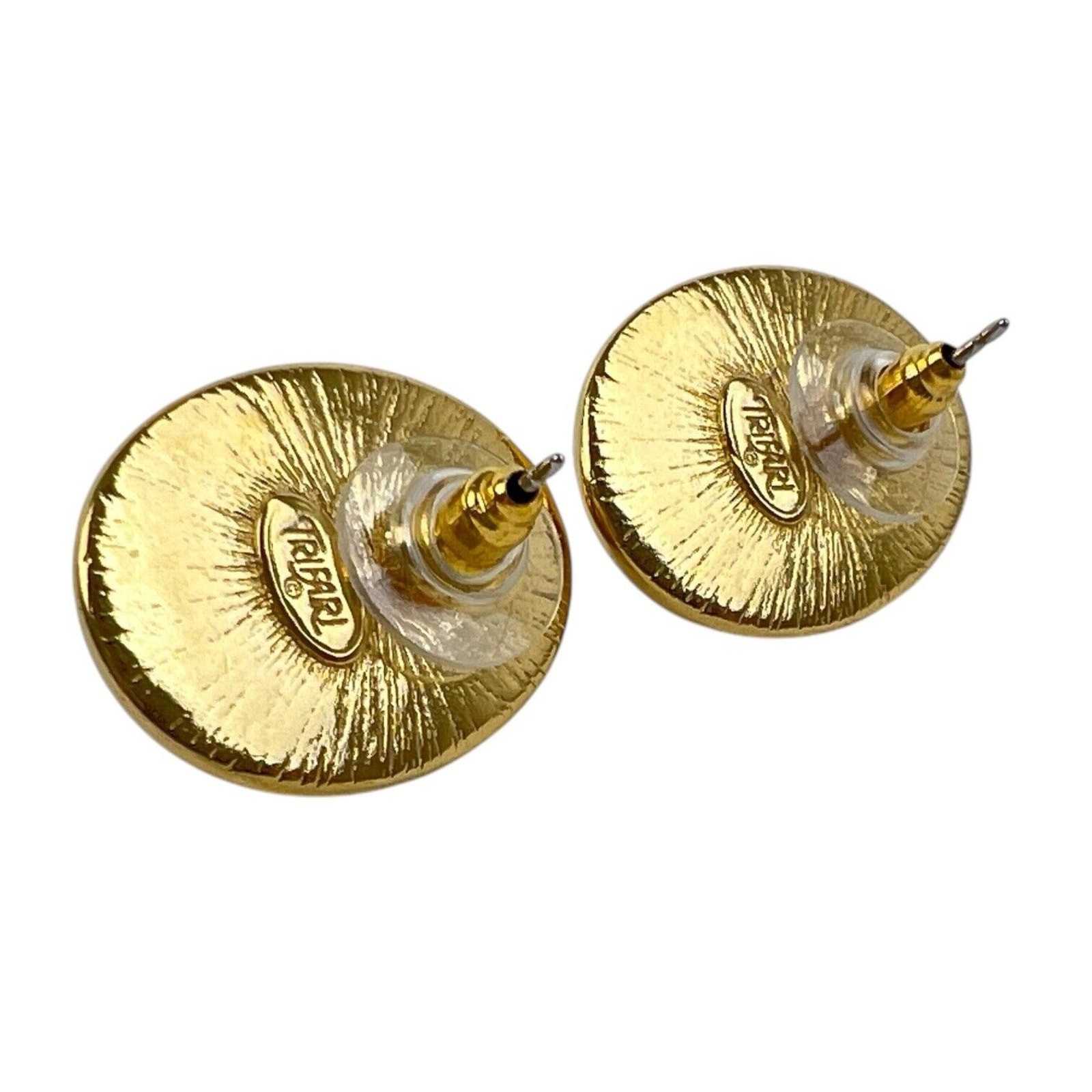 Vintage Trifari Earrings Pink Lucite Cabochon Pierced Stud Oval Gold Tone Pastel