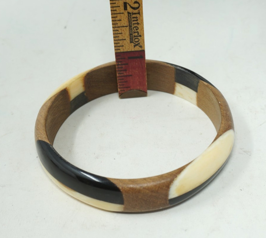 Vintage Bangle Bracelet 3 Tone Brown Wood Black and Cream Lucite
