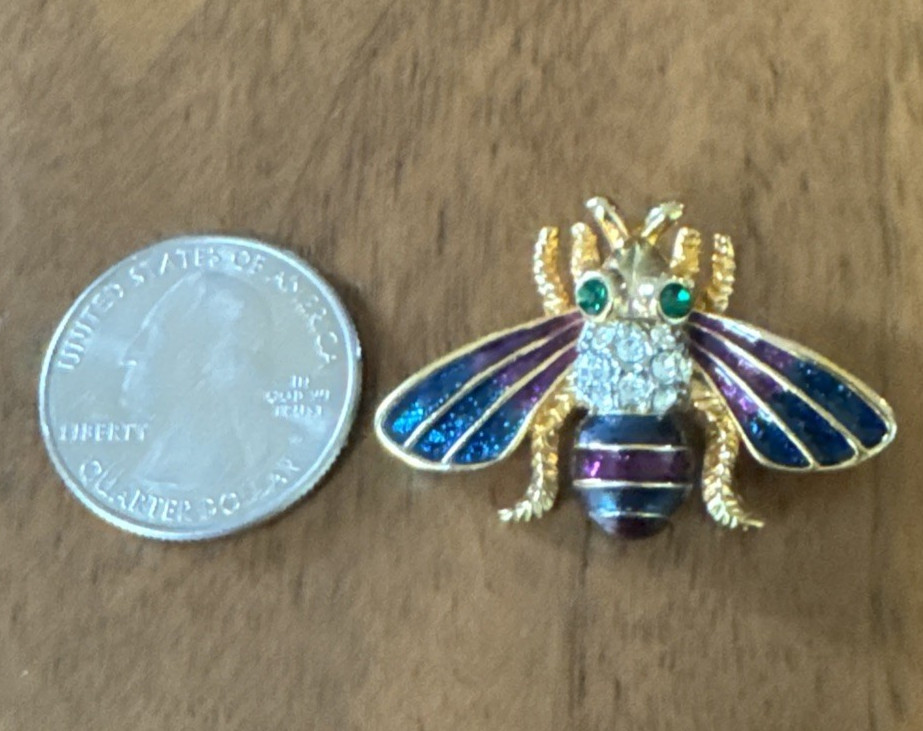 VTG Bee Brooch Gold Tone Enamel Rhinestone Insect Pin Cottagecore Garden