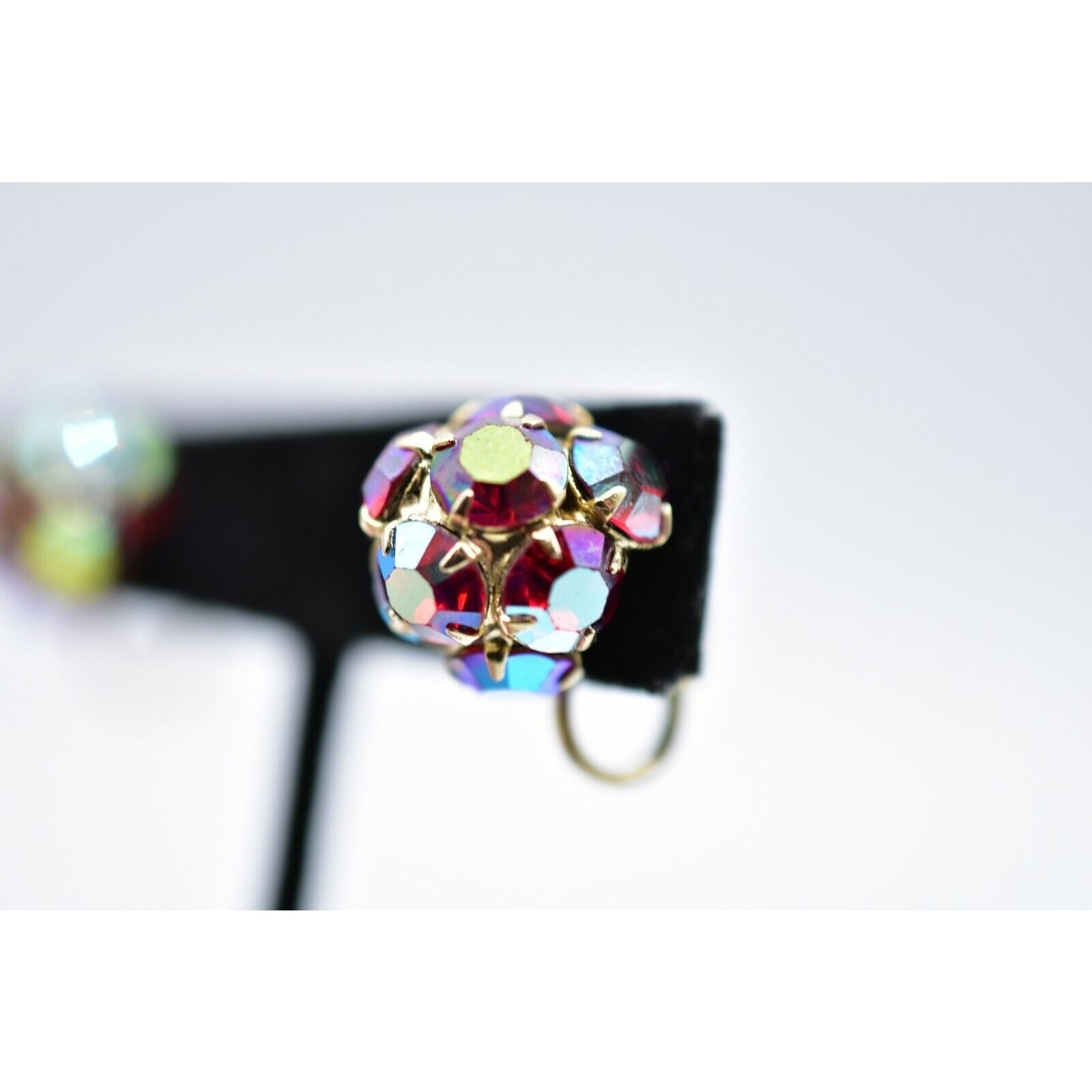 Kramer Vintage Crystal Clip On Earrings Red Aurora Borealis Signed 1950s Bin4