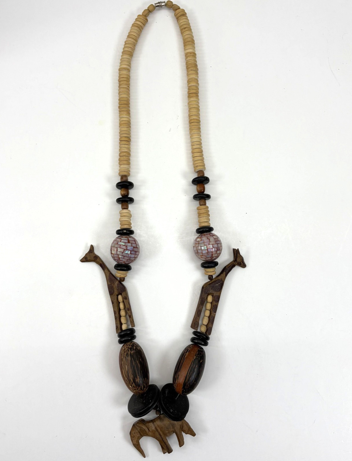 Vintage 1980s Wooden Safari Statement Necklace Boho Folk Art Whimsy Cottagecore