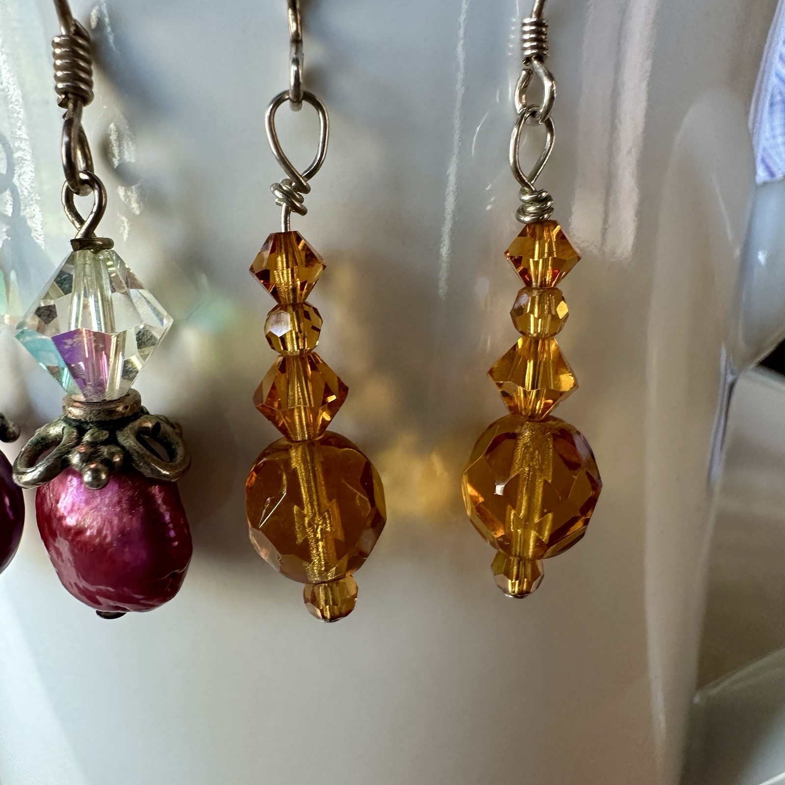 VTG 2 Pairs Dangle Drop Earrings Crystal Shell Acrylic Beads 925 Sterling Silver