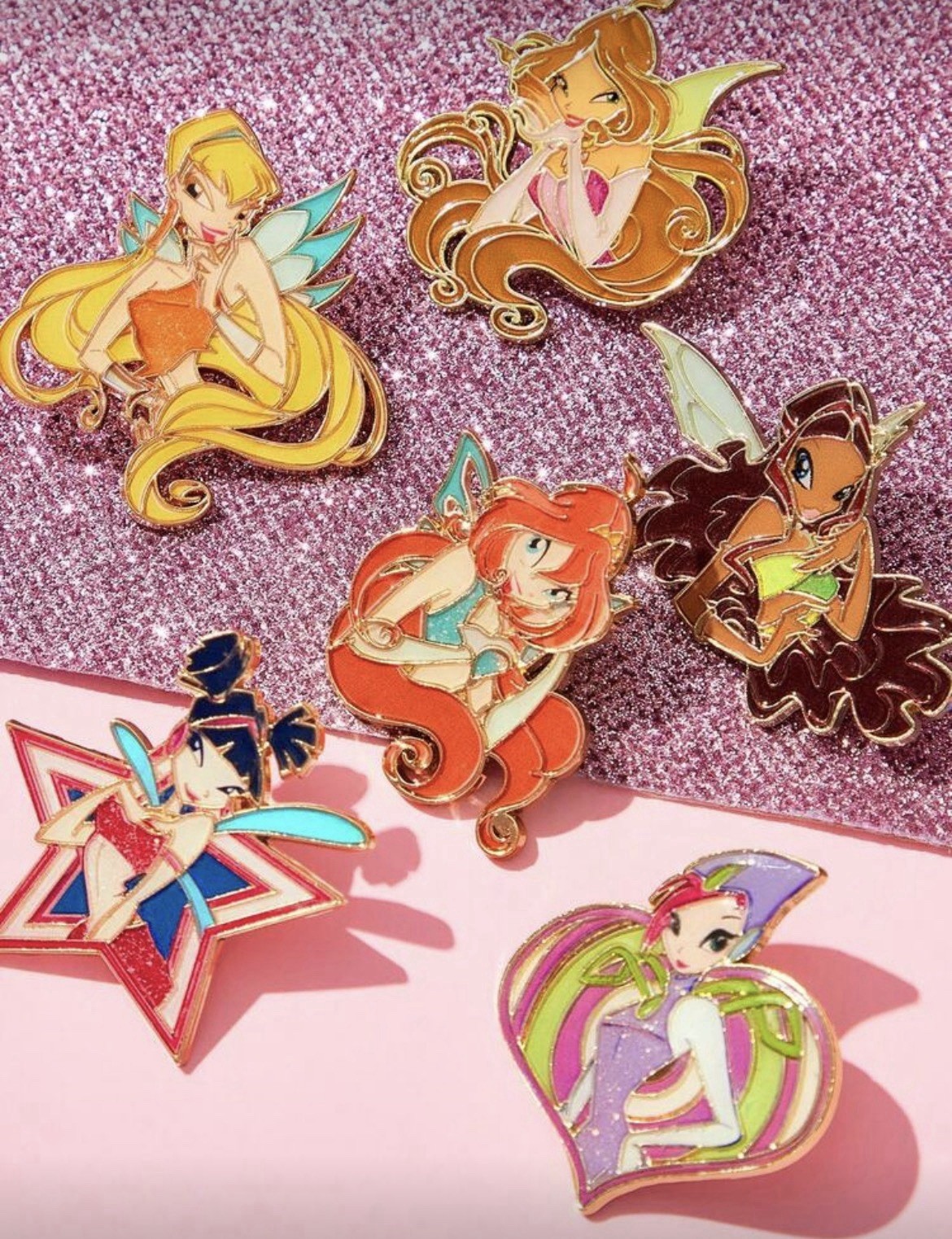 New SET OF 6 WINX CLUB Pins FAIRIES Brooch BLOOM Stella FLORA Aisha Metal Pin