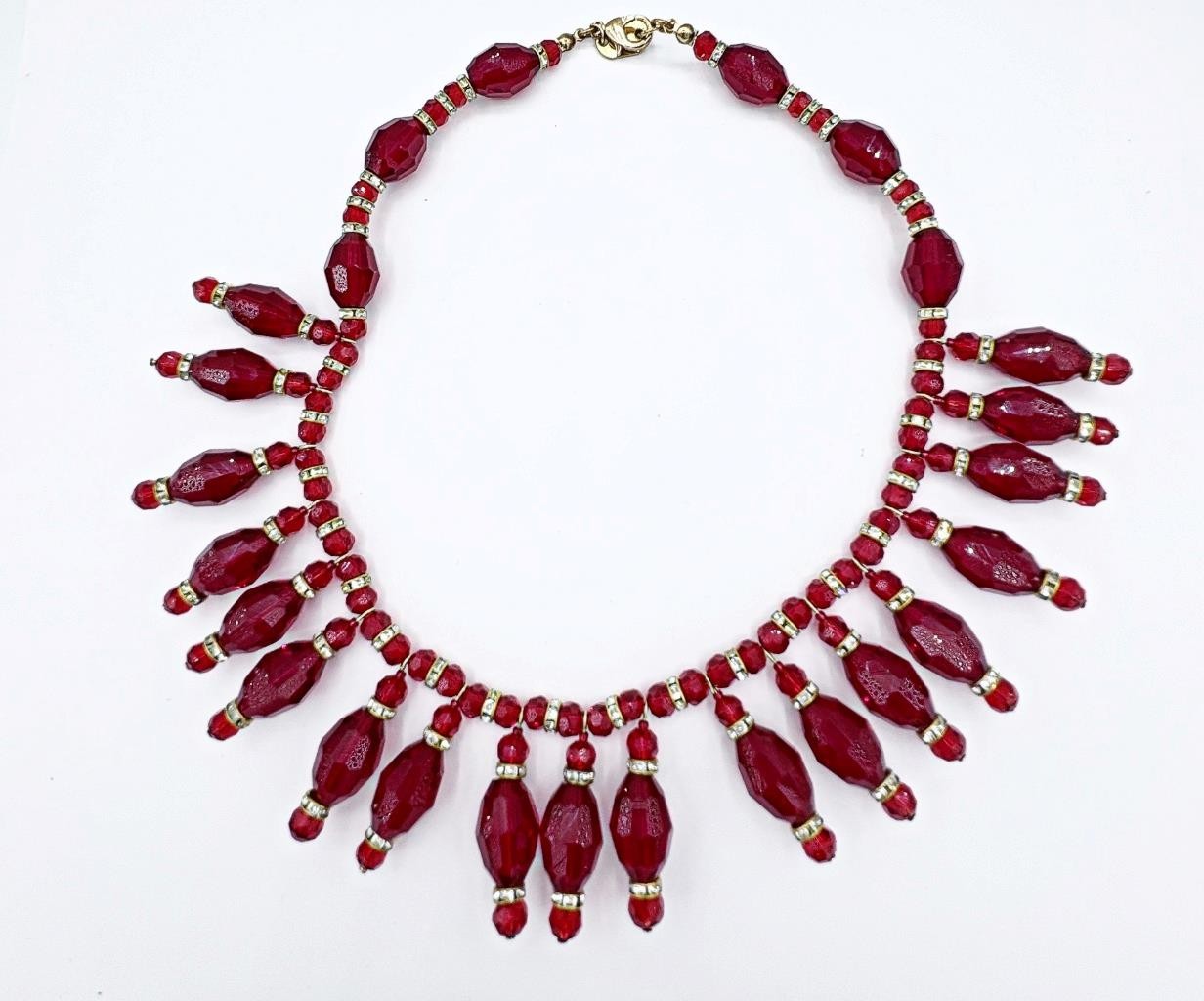 2 Pc Matching Set Signed Anka Ruby-Red Beaded Rhinestone Necklace & Earrings