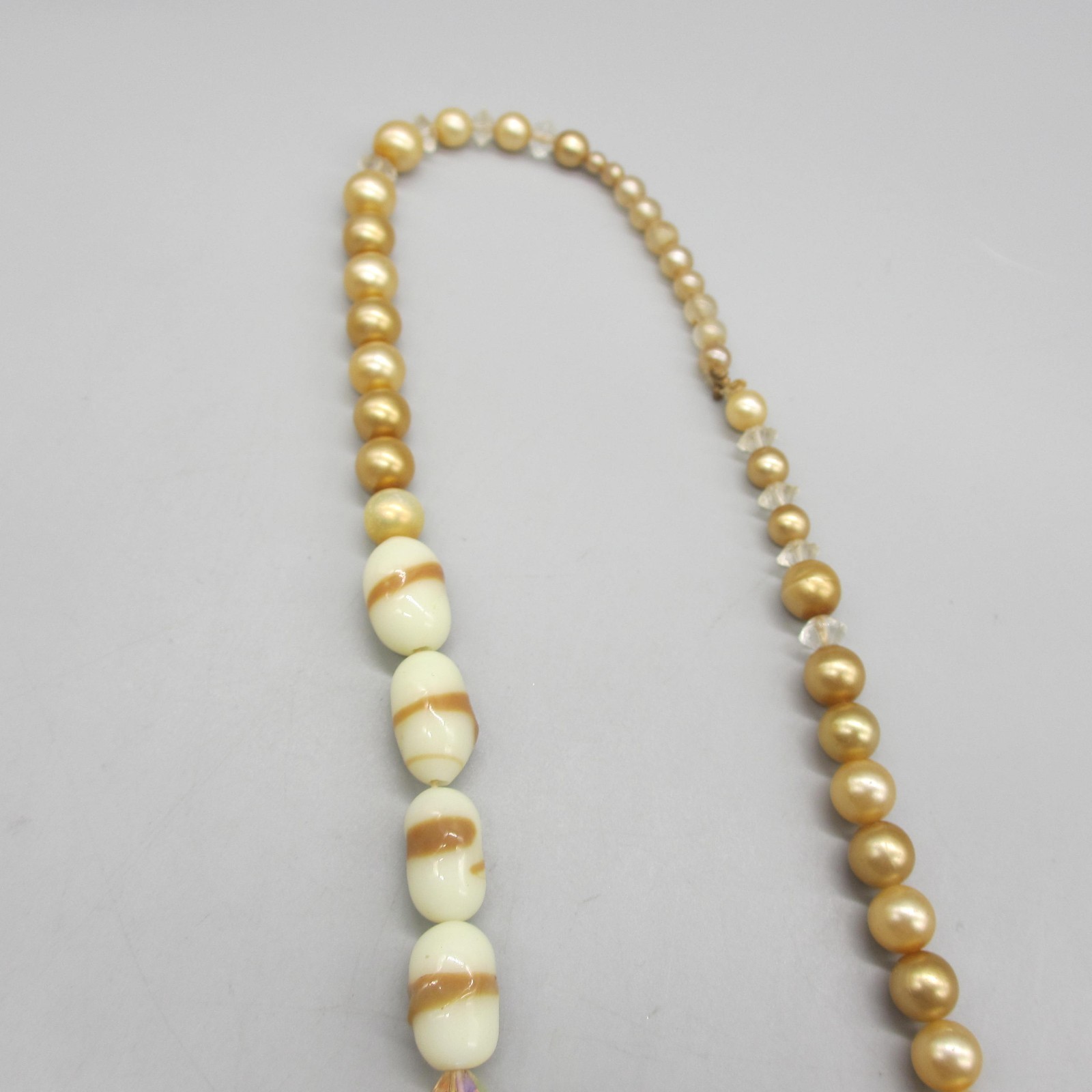Vintage Glass Beaded Necklace Cream Peach White Brown 24 Inch