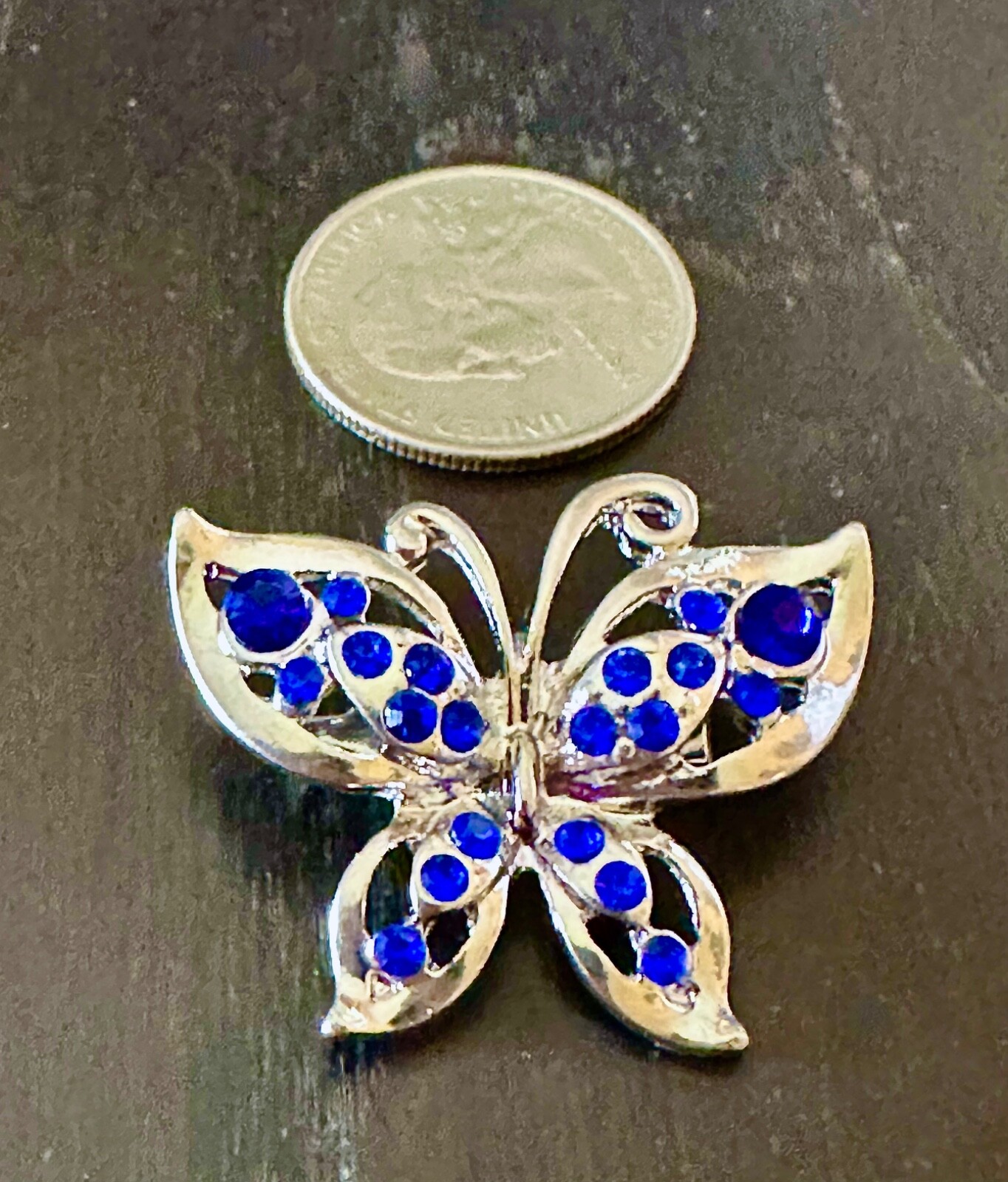 Butterfly Brooch Bejeweled All Blue Stones Silver C Clasp Sparkly Sweet Petite