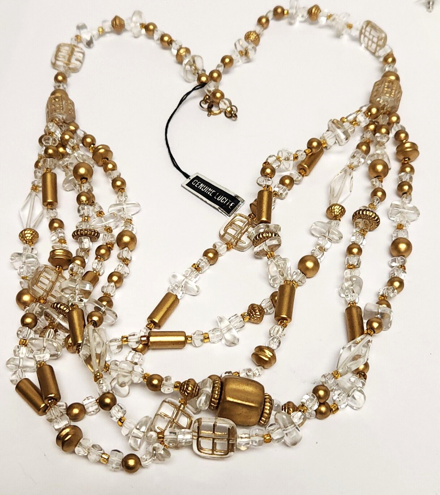 Gorgeous Vintage Clear & Gold Lucite Necklace 23.5″ x 4″ Orig Tag Made in China