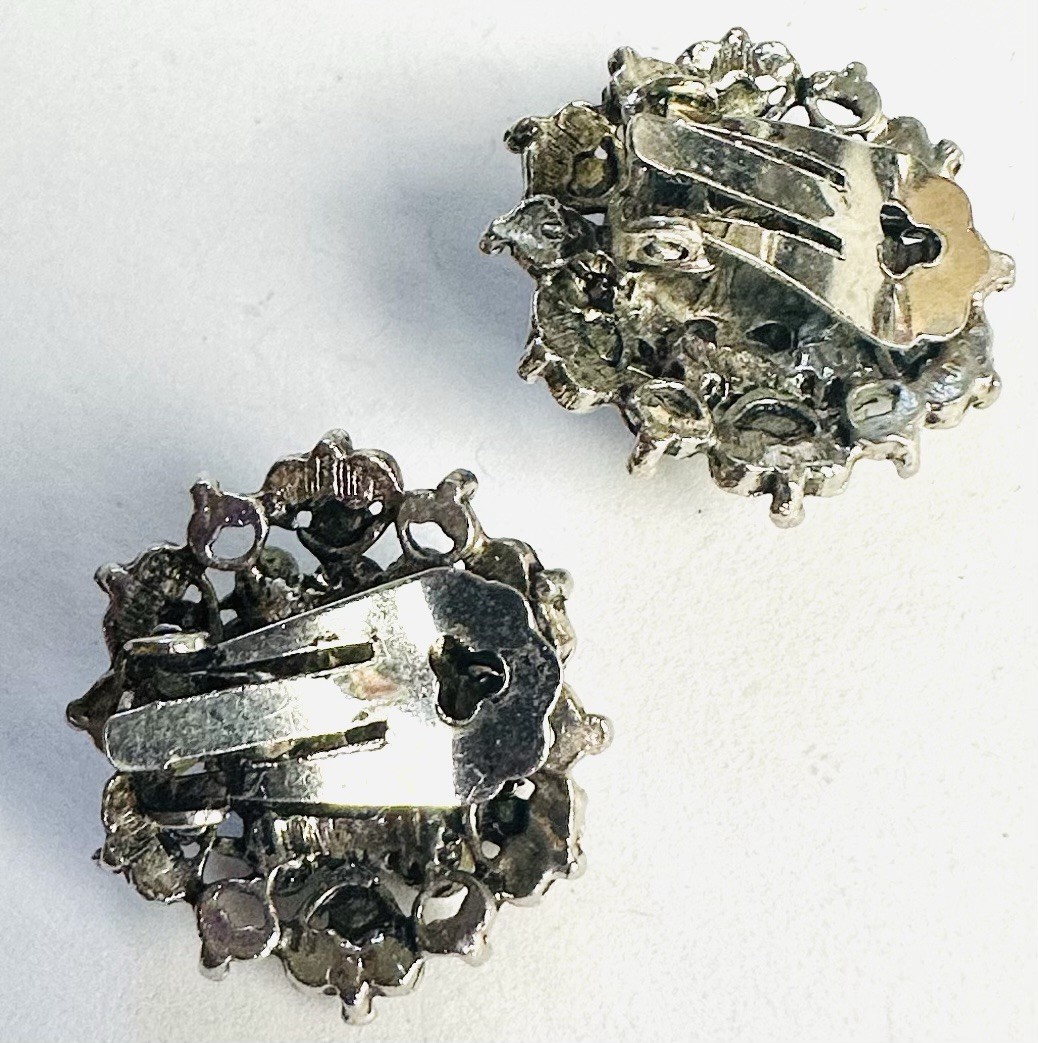 VTG Rhinestone Blue Red Green Silver Tone Earrings 1950s 1960s Vivid