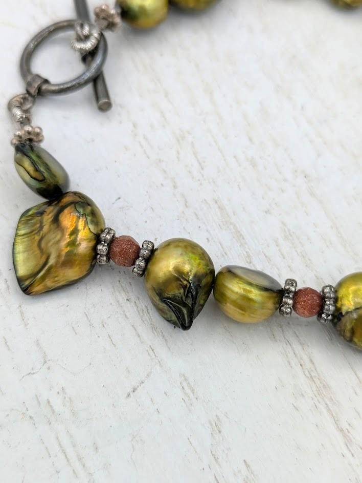 Vintage Baroque Pearl Bracelet Goldstone Artisan Toggle 7.25in