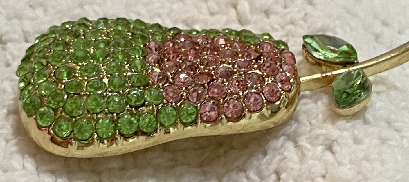 Vintage Pear Shape Pink And Green Rhinestone Gold Tone Brooch