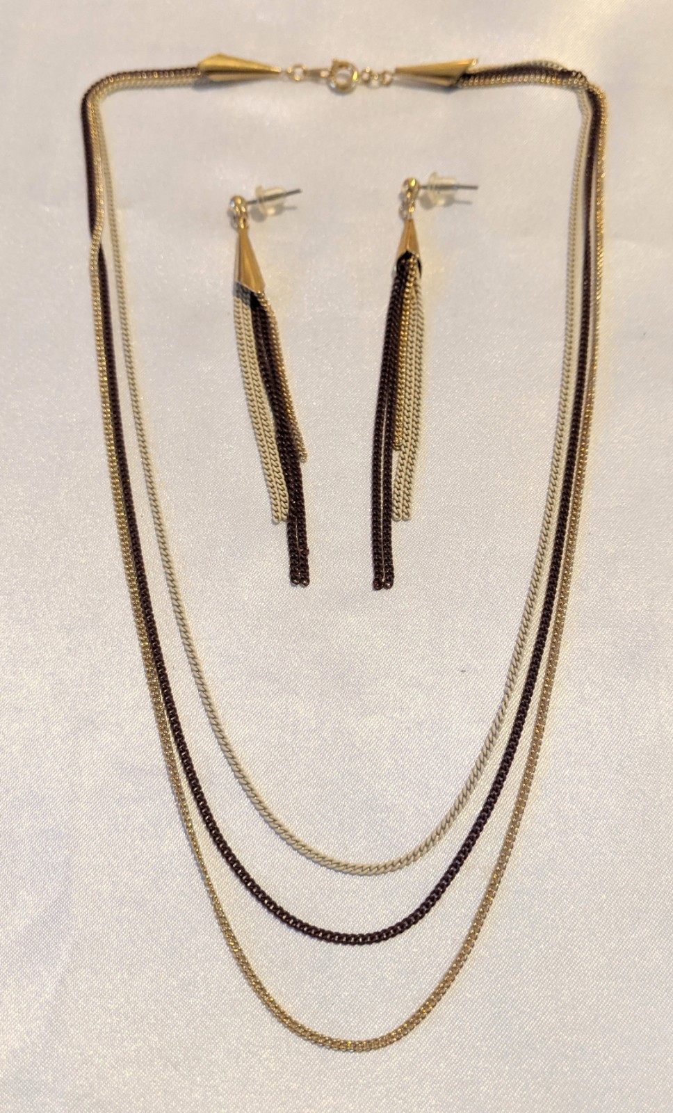 Vintage Tri-tone Chain Necklace & Dangle Earrings Set NOS Brown Ivory Gold Tone