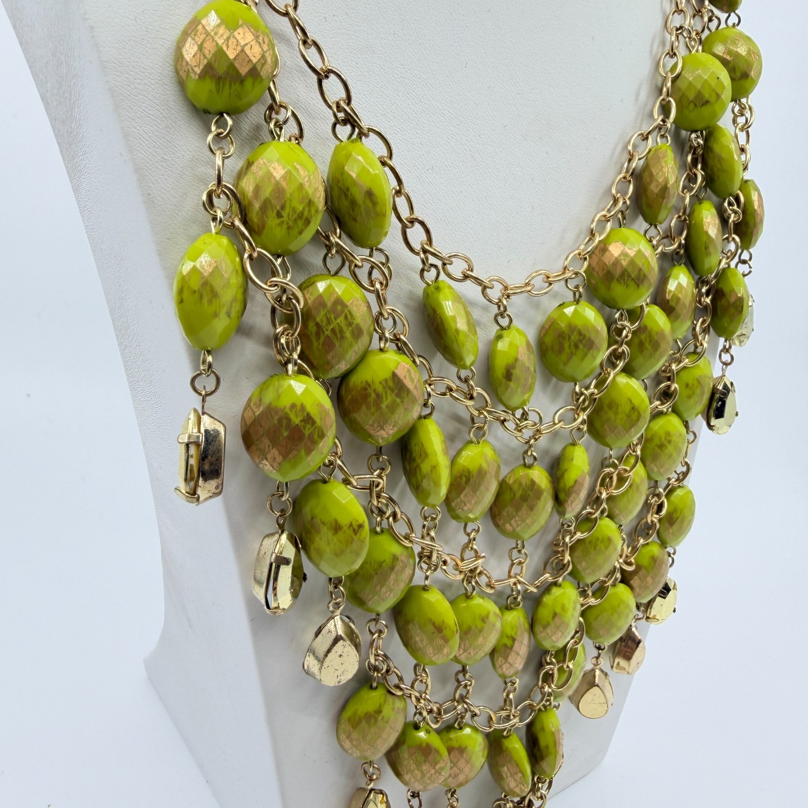 Necklace Vintage Gold Tone Lime Green Bead Bib Statement Bold Chunky Retro Y2K