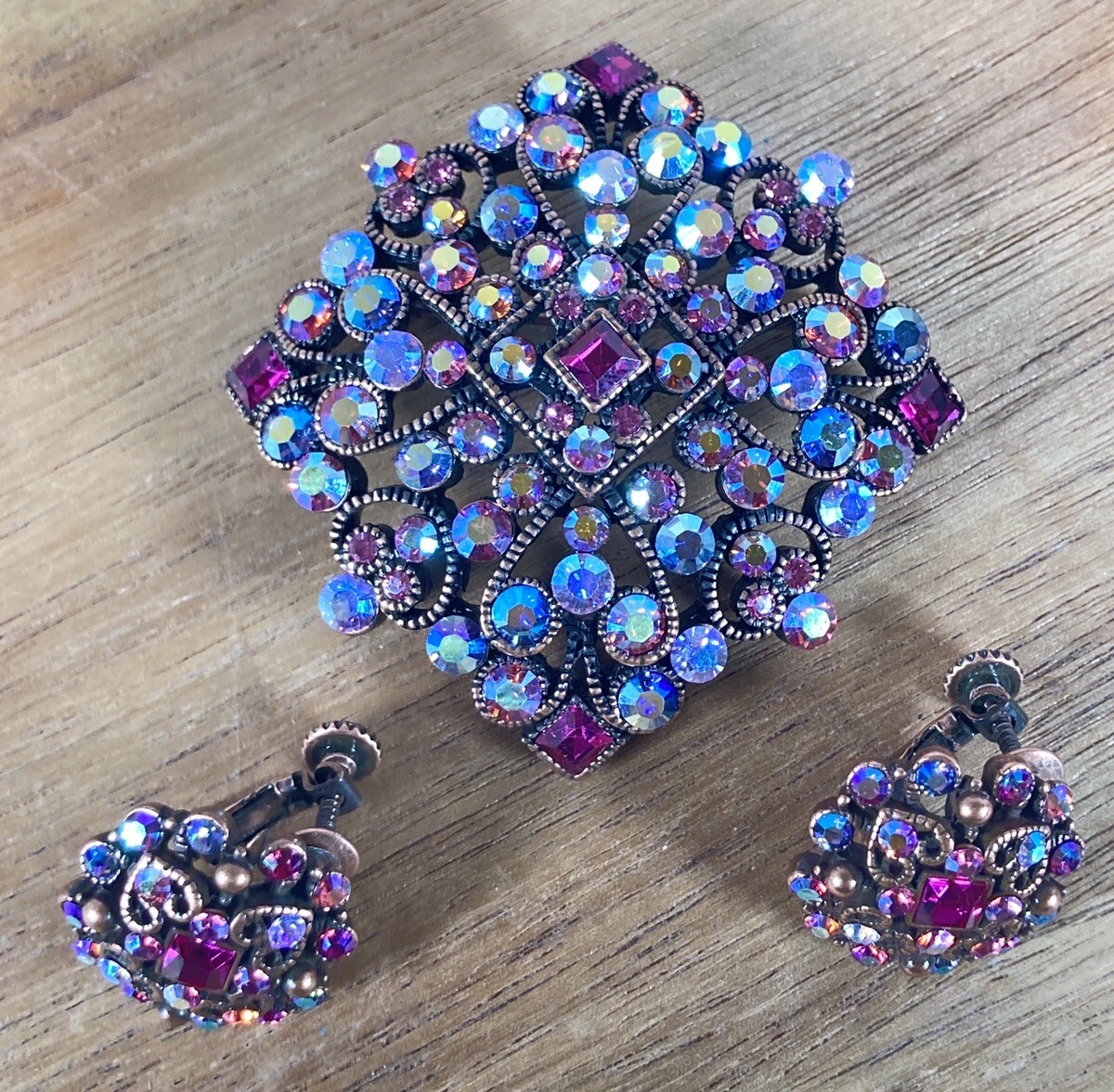 Joan Rivers Signed Square Bronze Magenta Blue Pink Rhinestone Brooch Earrings