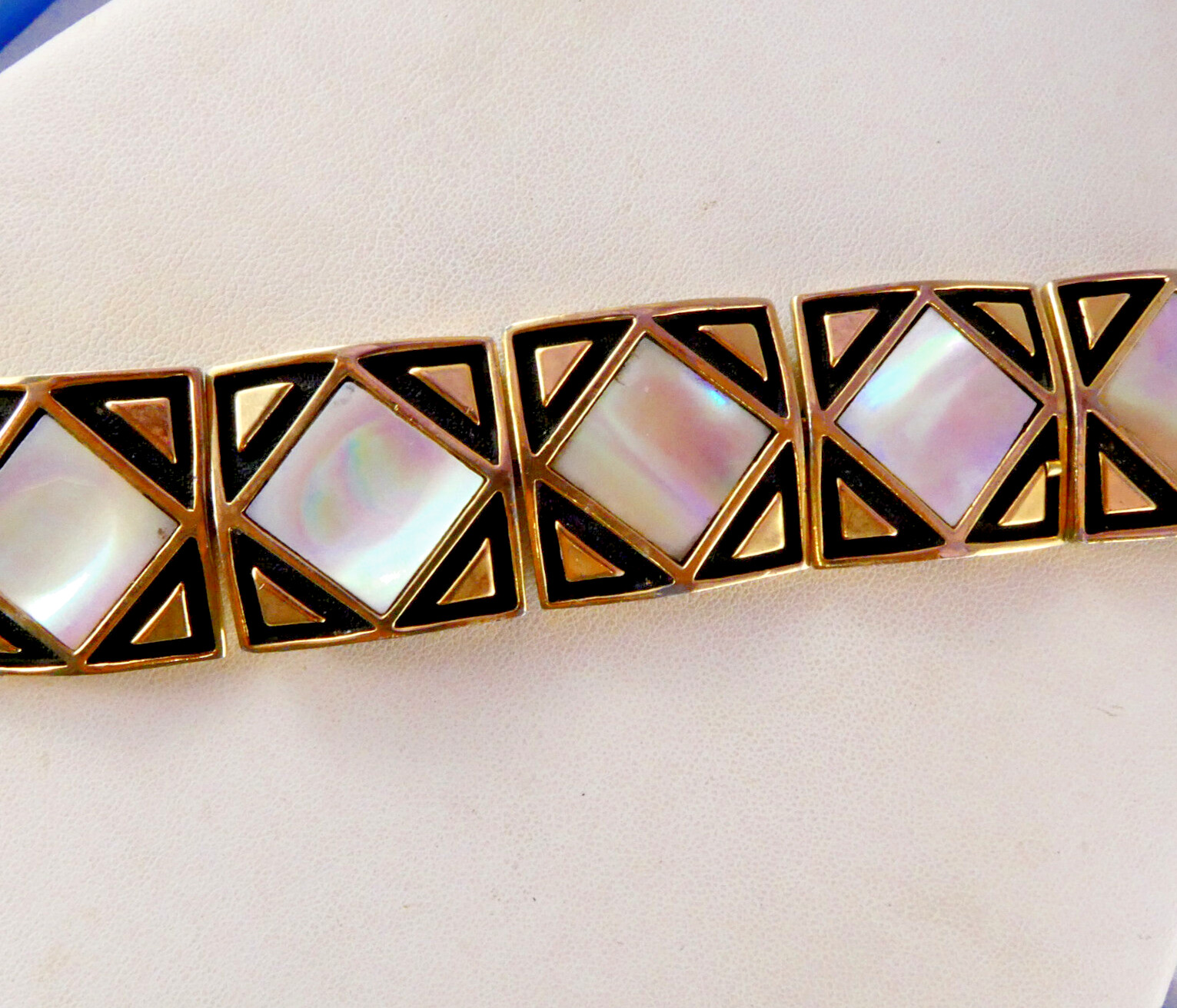 Vintage MOP Square Links Articulated Bracelet w/ Safety Chain Mother of Pearl