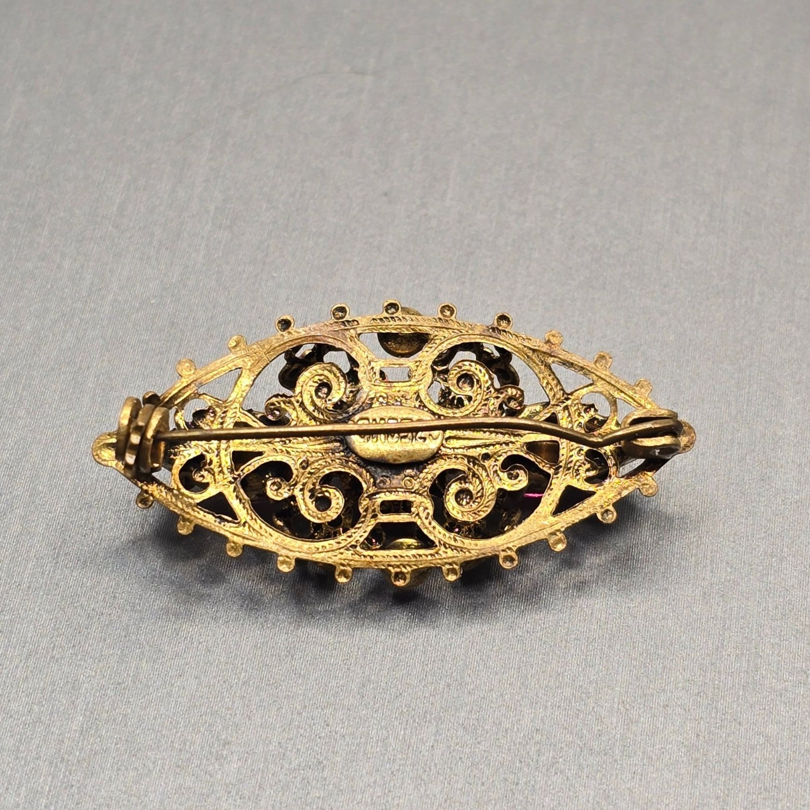 VTG Czecho Pink Rhinestone Brooch 1.5″ Floral Enamel Gold Tone Pressed Metal