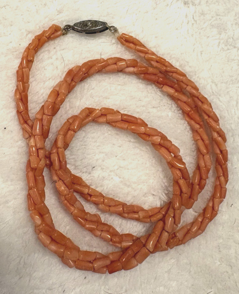 Vintage Angel Skin Coral Twisted Triple Strand Necklace 22” Long