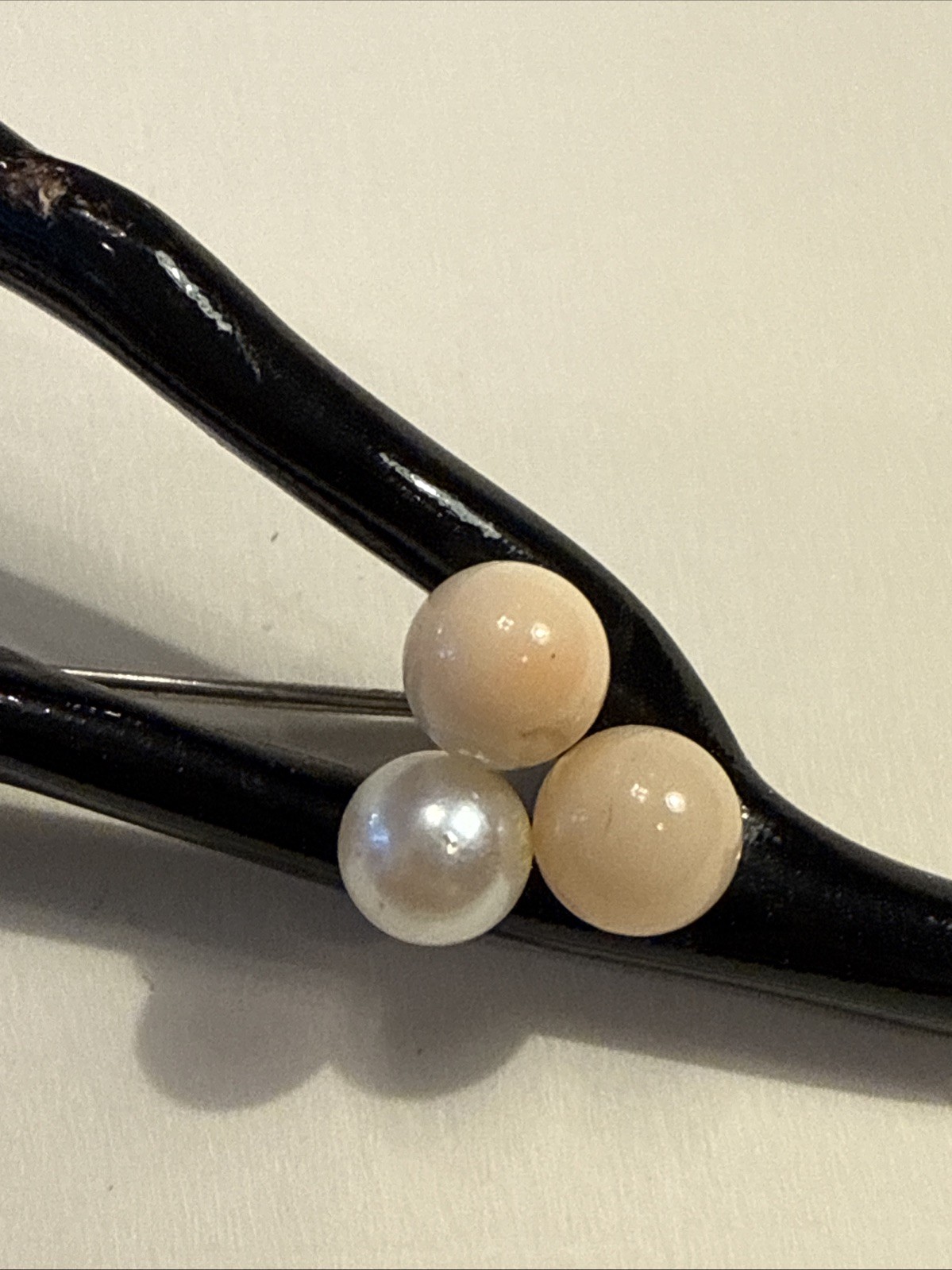 Natural BLACK BRANCH CORAL Brooch Pin with White Pearl & Coral 2.5″
