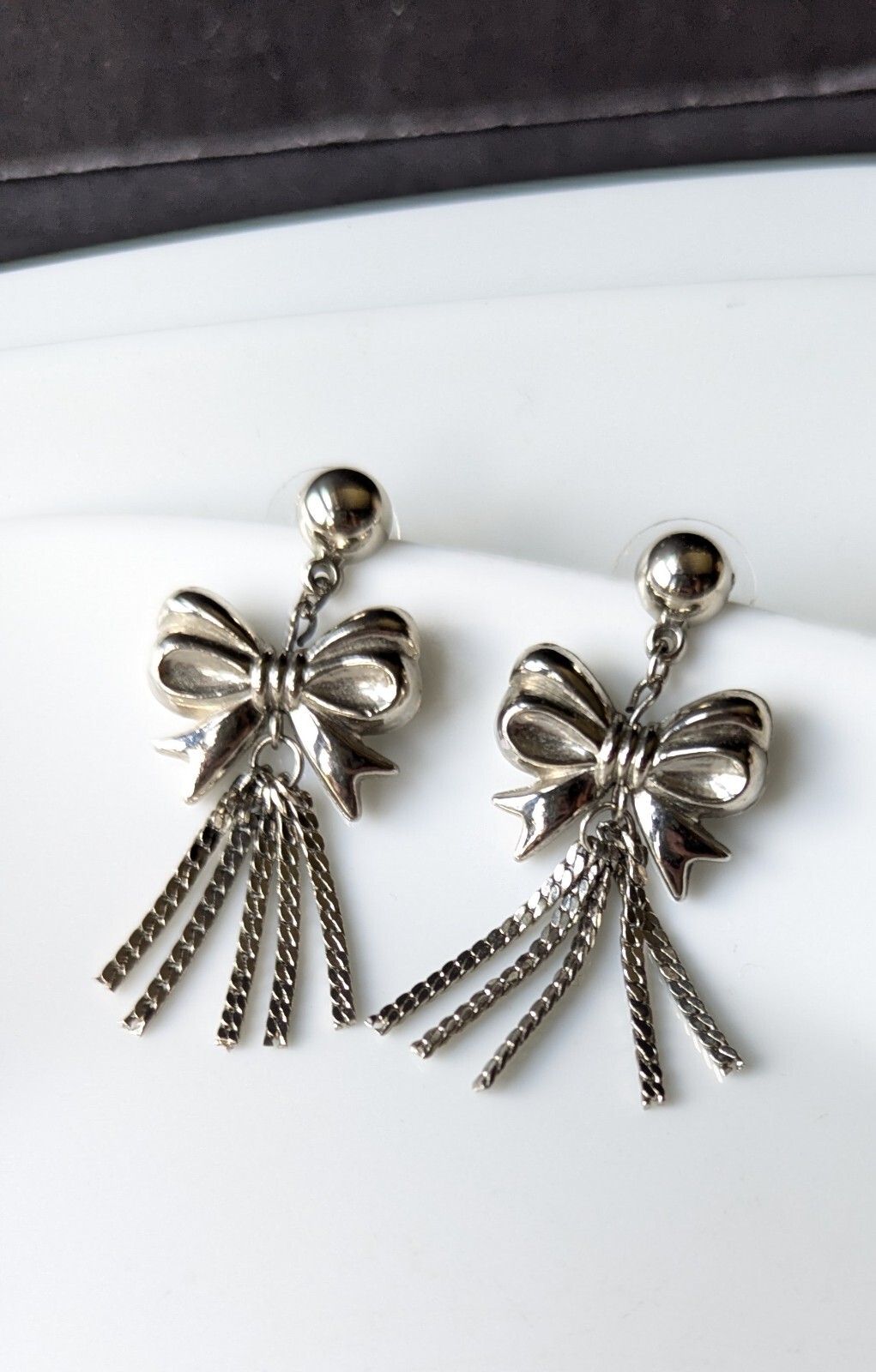 Vintage Silver Tone Ribbon Bow Tie Tassel Chain Charm Drop Stud Dangle Earrings