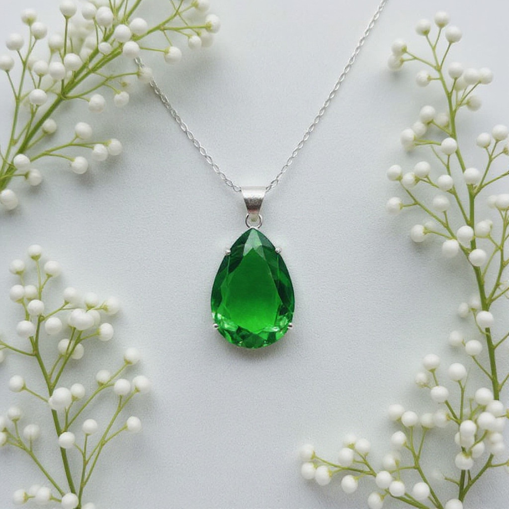 Emerald Pear Cut Sterling Silver Pendant Necklace: 70-80 Carat Gemstone