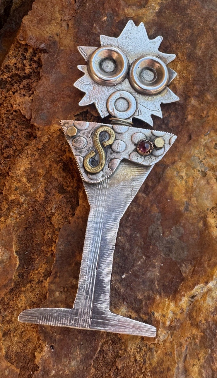 Sterling Silver Artisan Brooch, Mixed Metals Signed 15 Grams 3 1/4”