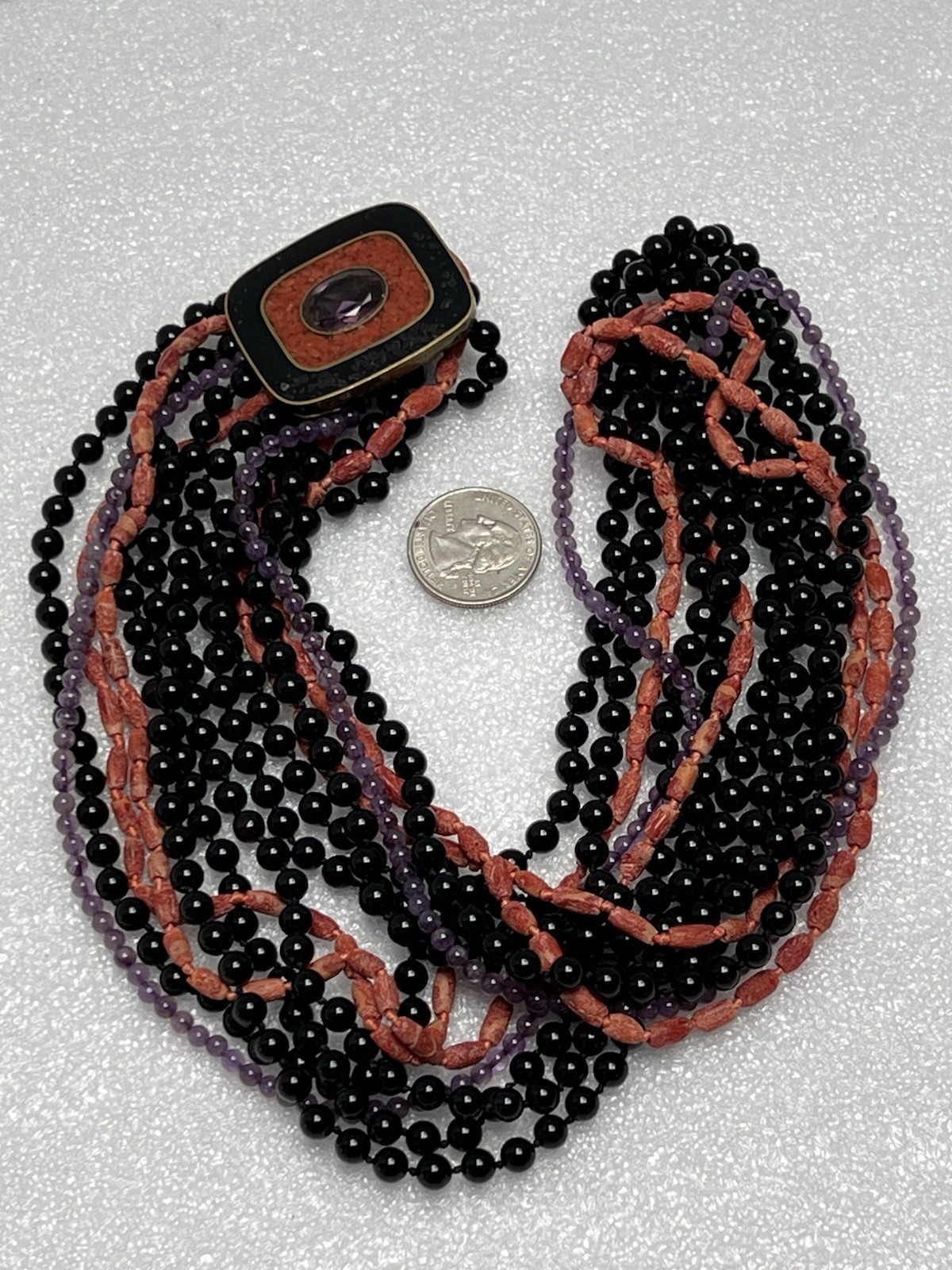 Vintage Celia Sebiri Black Agate Coral Amethyst Multi Strand Long Necklace 28”