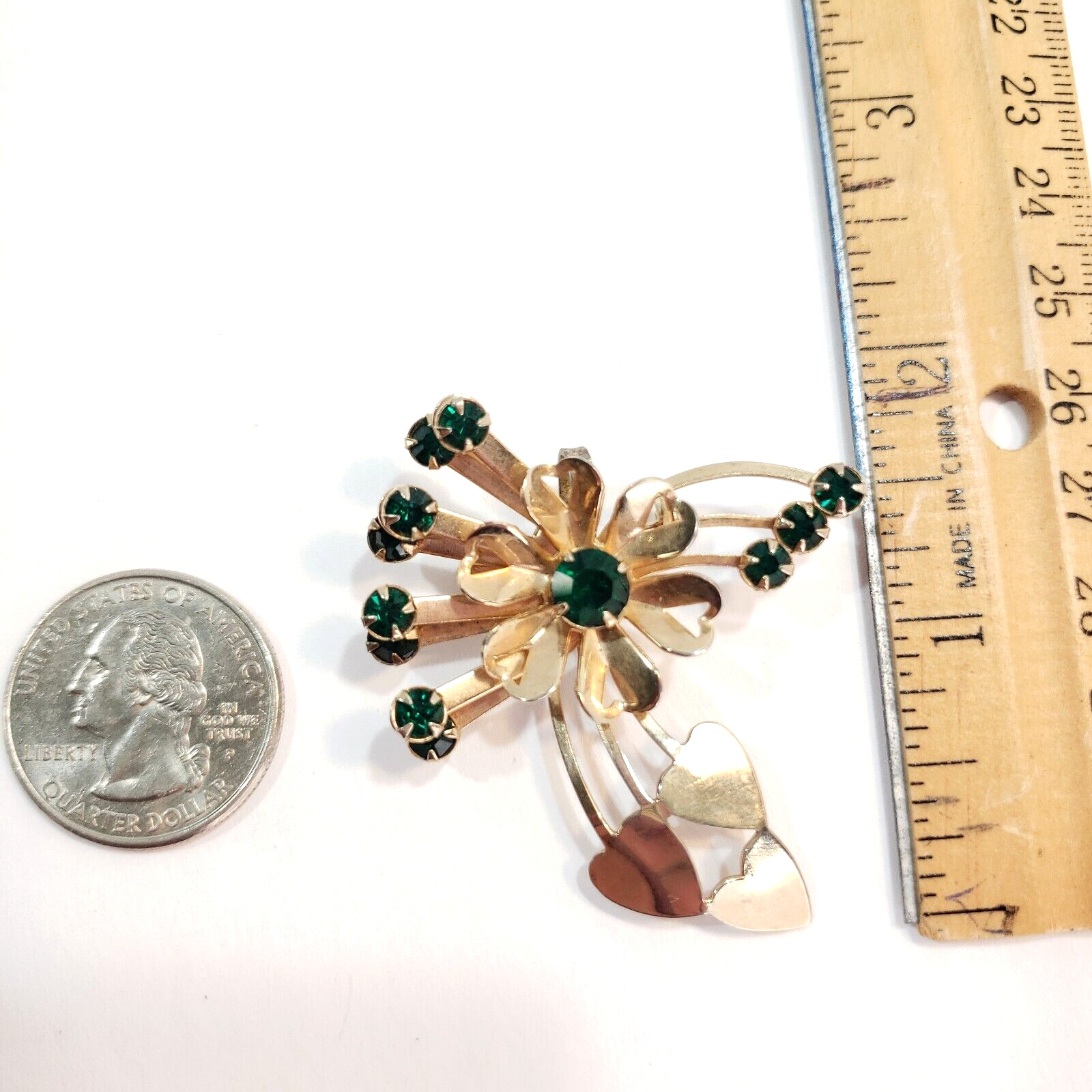 Vintage Green Rhinestone and Gold Tone Pin Brooch Pendant Flower and Hearts